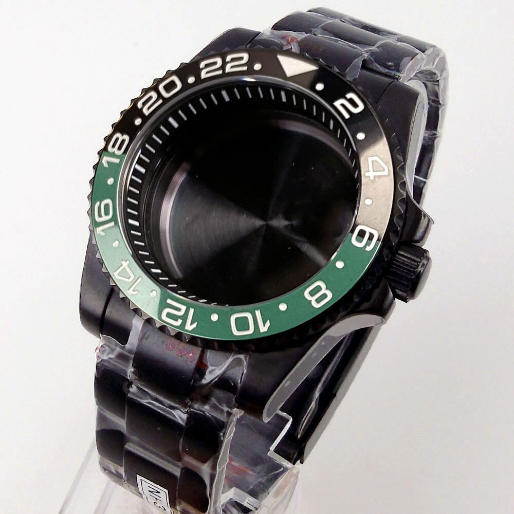 40mm Black PVD Sapphire Glass Watch Case Fit NH35A NH36A ETA2824 PT5000 Rubber