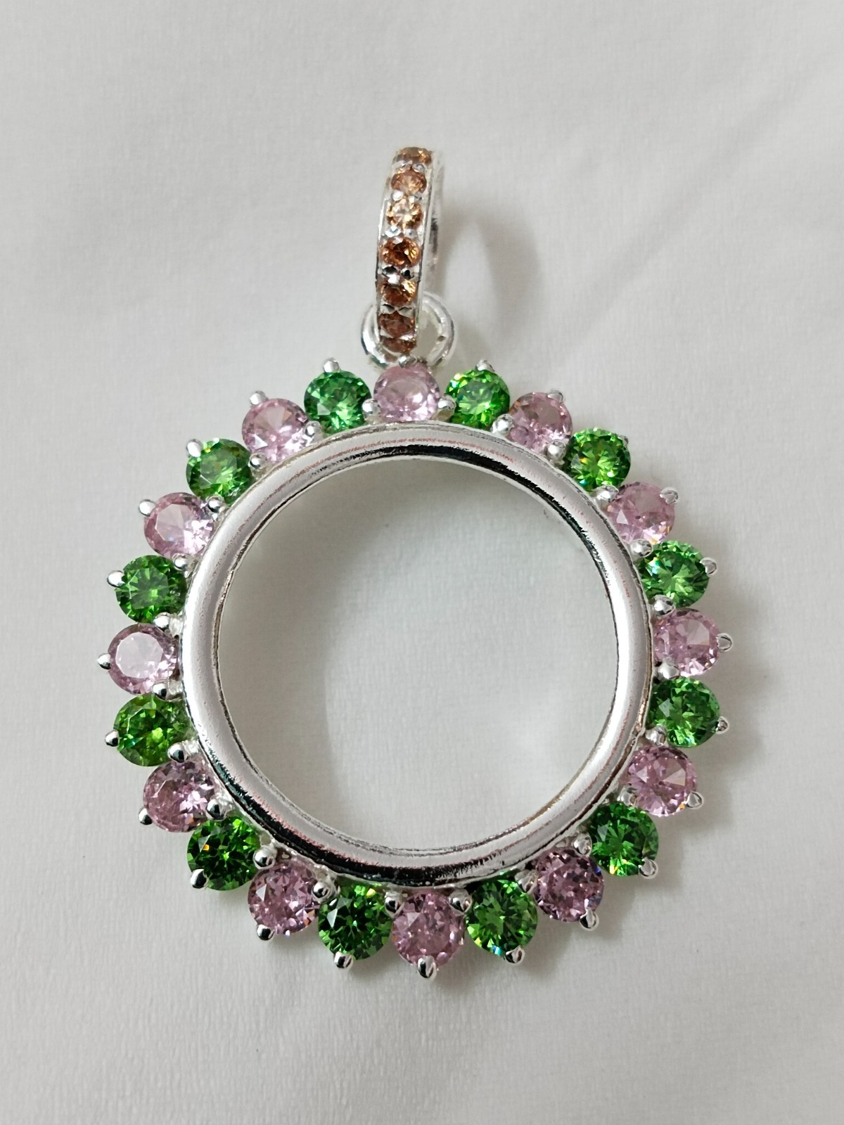 925 Sterling Silver Round Bezel Pendant Blank Green & Pink CZ Handmade Coin
