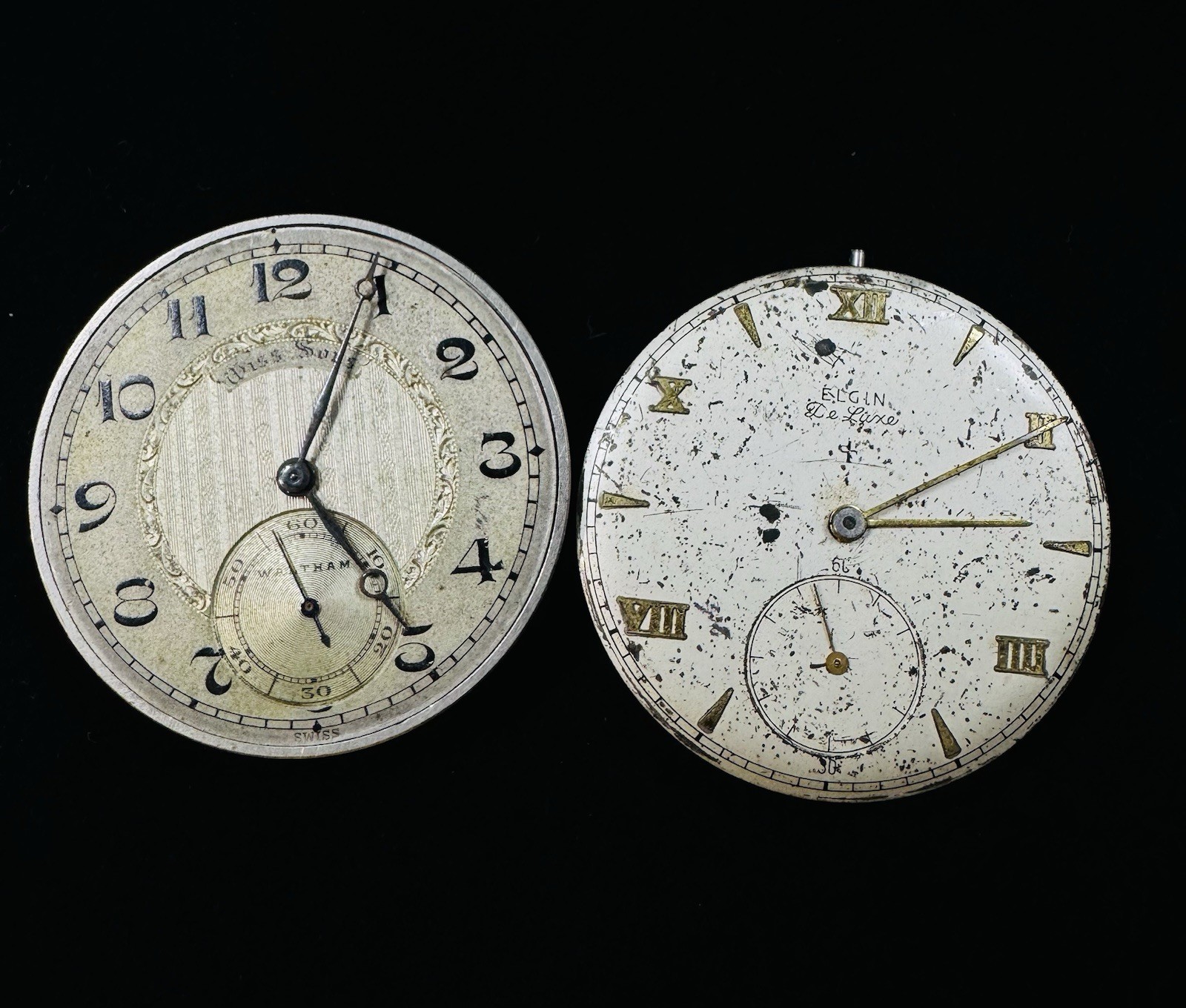 Lot of 2 Vintage Pocket Watch Movements – Waltham 15J & Elgin Deluxe 17J – Parts