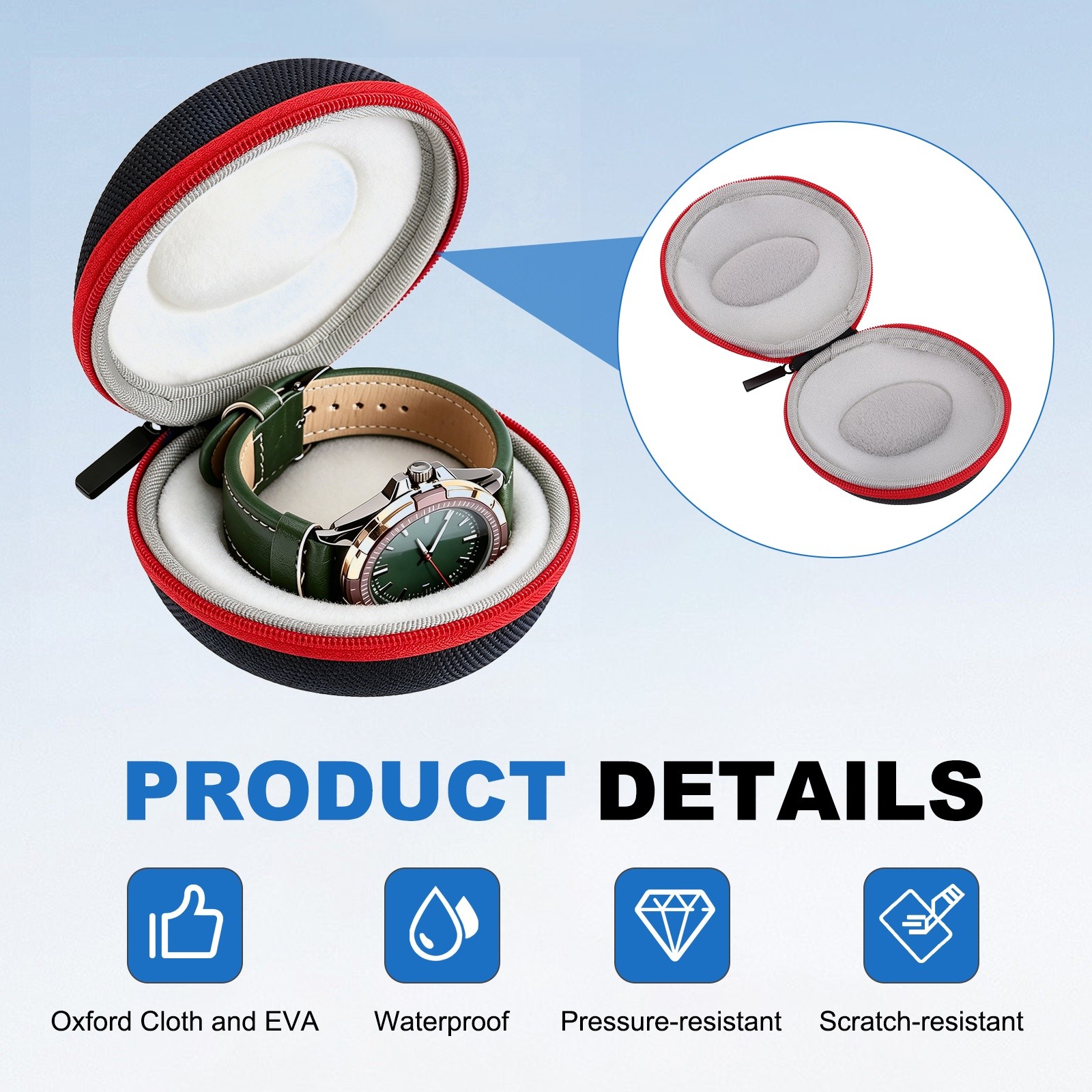 Watch Travel Case 1 Red Slot Storage Box Up to 50mm / 2 Inch, Black
