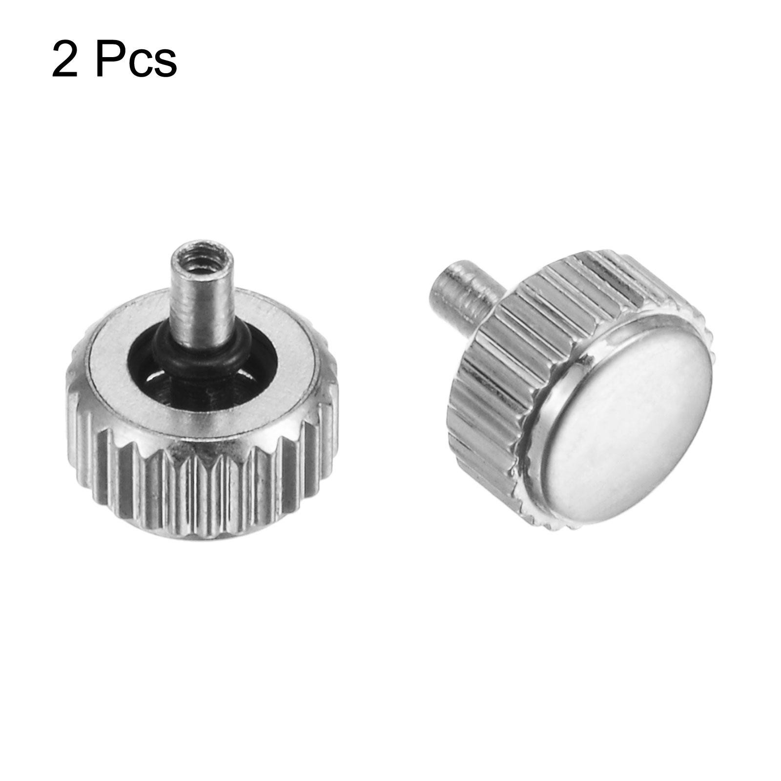 2Pcs 5.3x5mm Watch Crown SUS304 Flat Head Long Stem 2.5mm ID Silver Tone