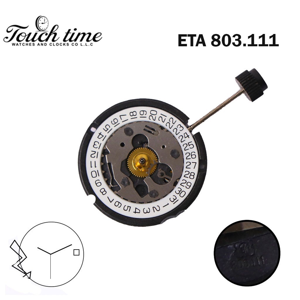 ETA 803.111 Swiss Watch Movement -3 Hands-White Date Disk at 3.