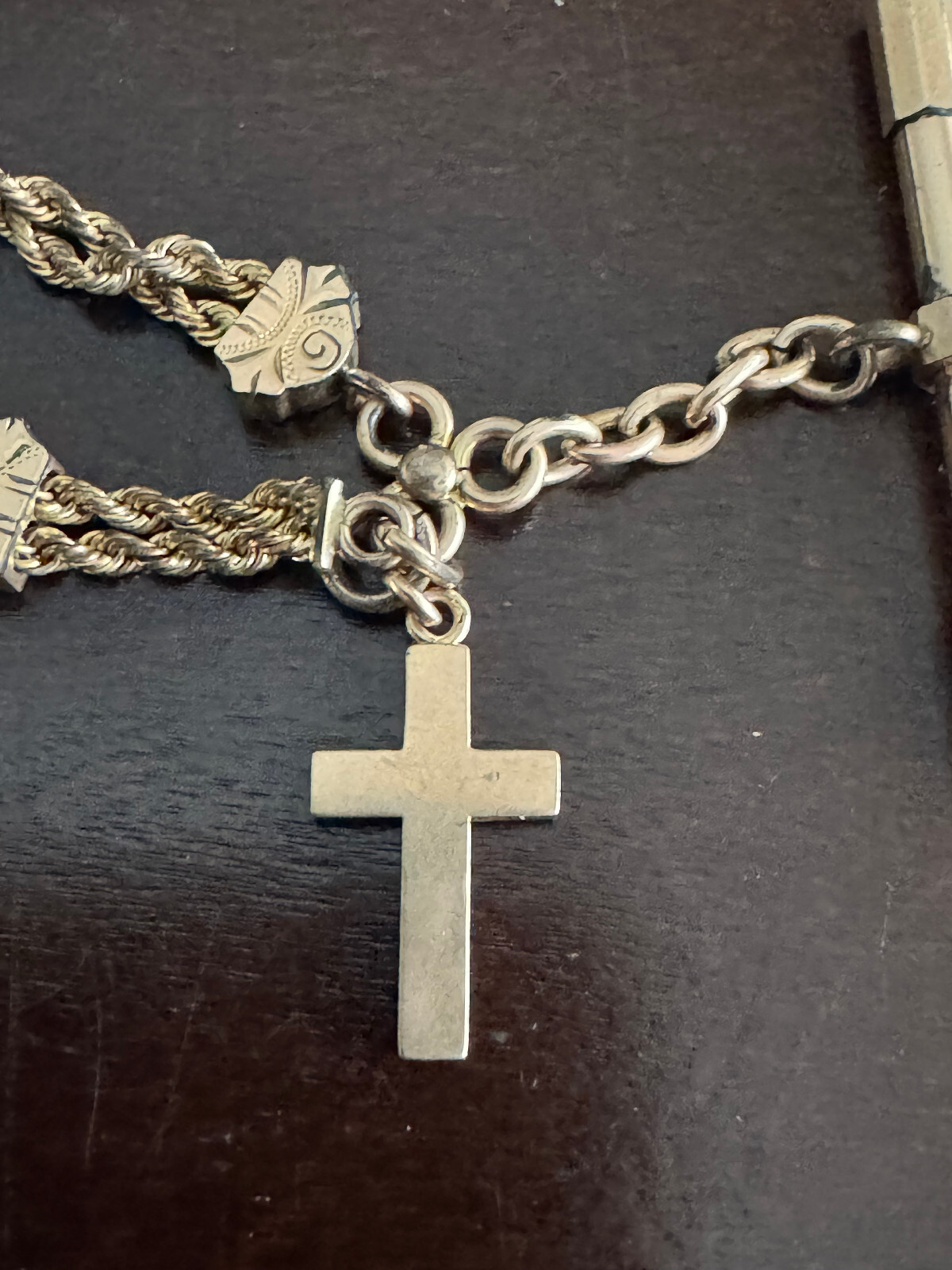 VINTAGE 11 INCH R.S.OO POCKET WATCH CHAIN WITH T-BAR, FINIALS AND LOCKET G.F.