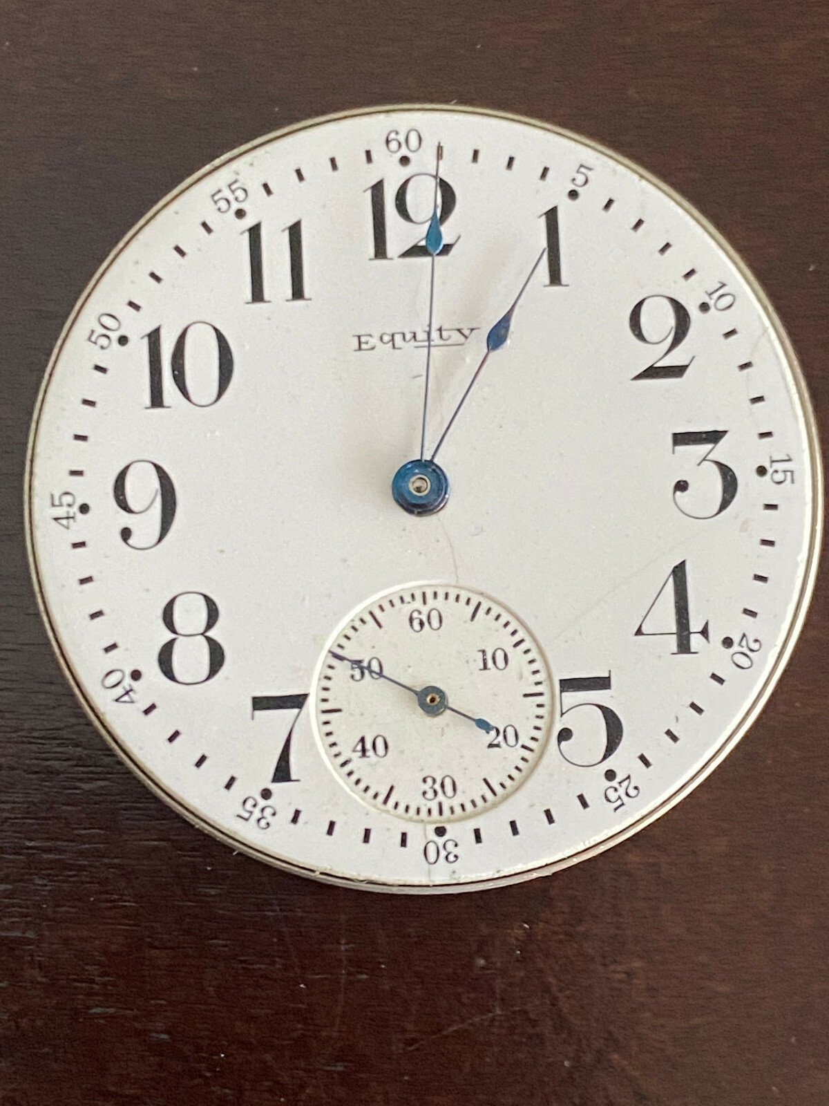 VINTAGE 41.65MM EQUITY WATCH CO. POCKET WATCH MOVEMENT, GOOD BALANCE,BROKEN MAIN