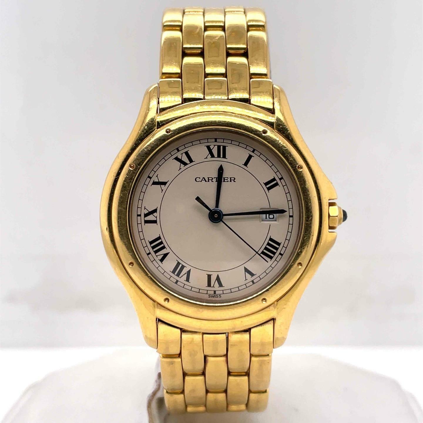 Cartier Cougar Quartz 32mm 18k Yellow Gold Silver Roman Dial Ladies Watch 887904