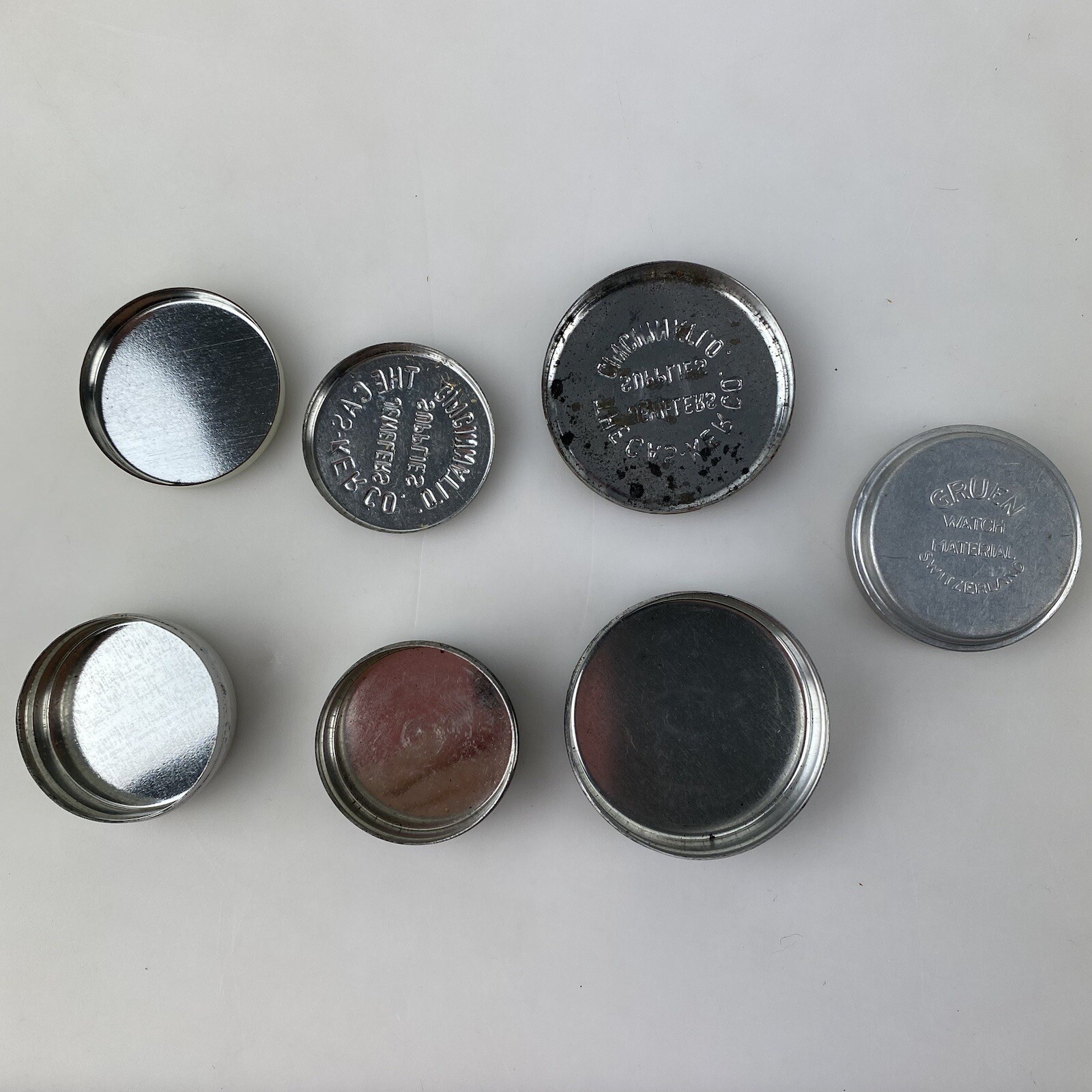 LOT 4 JEWELERS WATCH TINS Gruen Casker Katz Parts Texas Switzerland Ohio Vtg