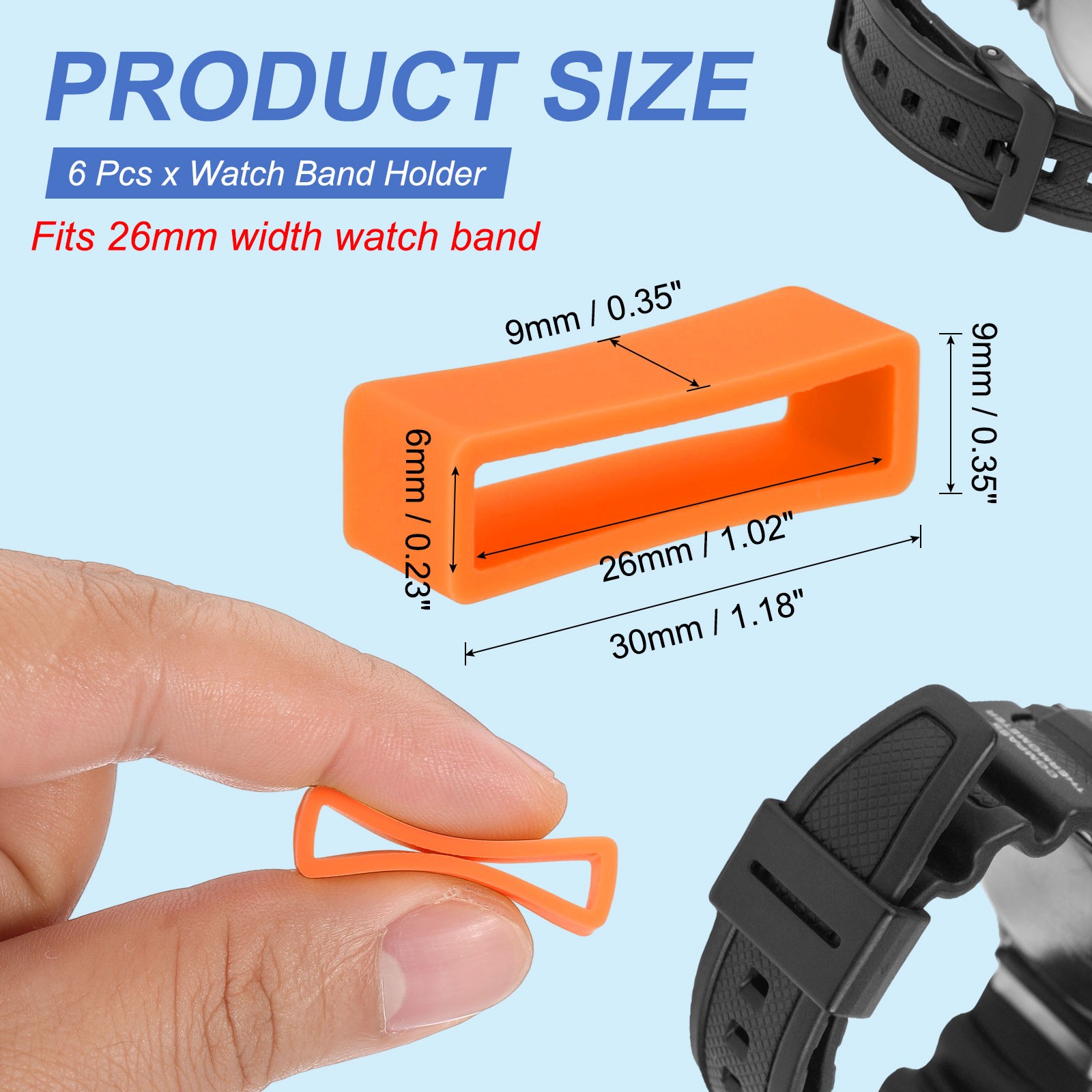 6pcs Silicone Watch Band 26mm Replaced Orange