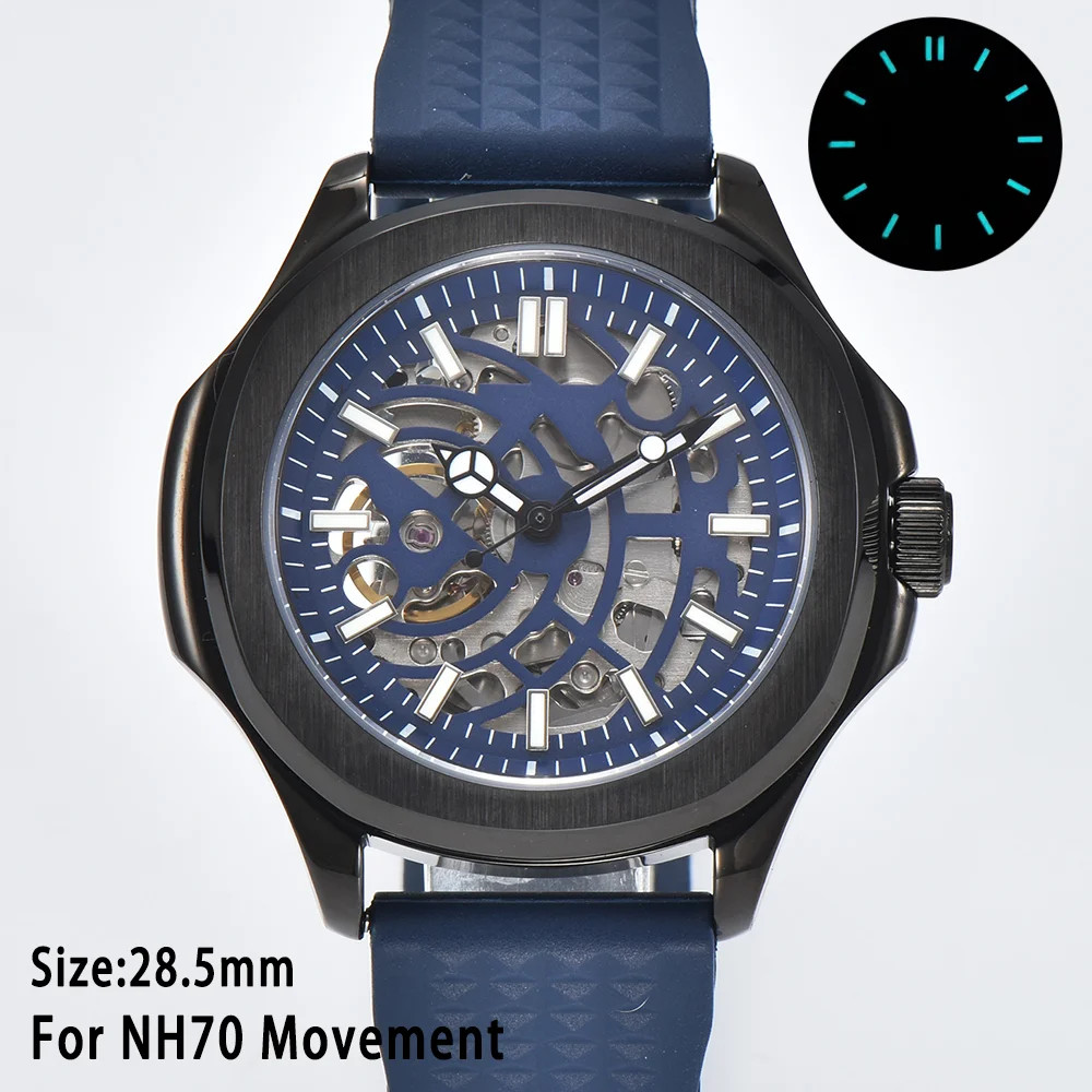 28.5mm Skeleton Watch Dial Green Lume Black and Blue Fit for NH70 NH72 Mod Parts