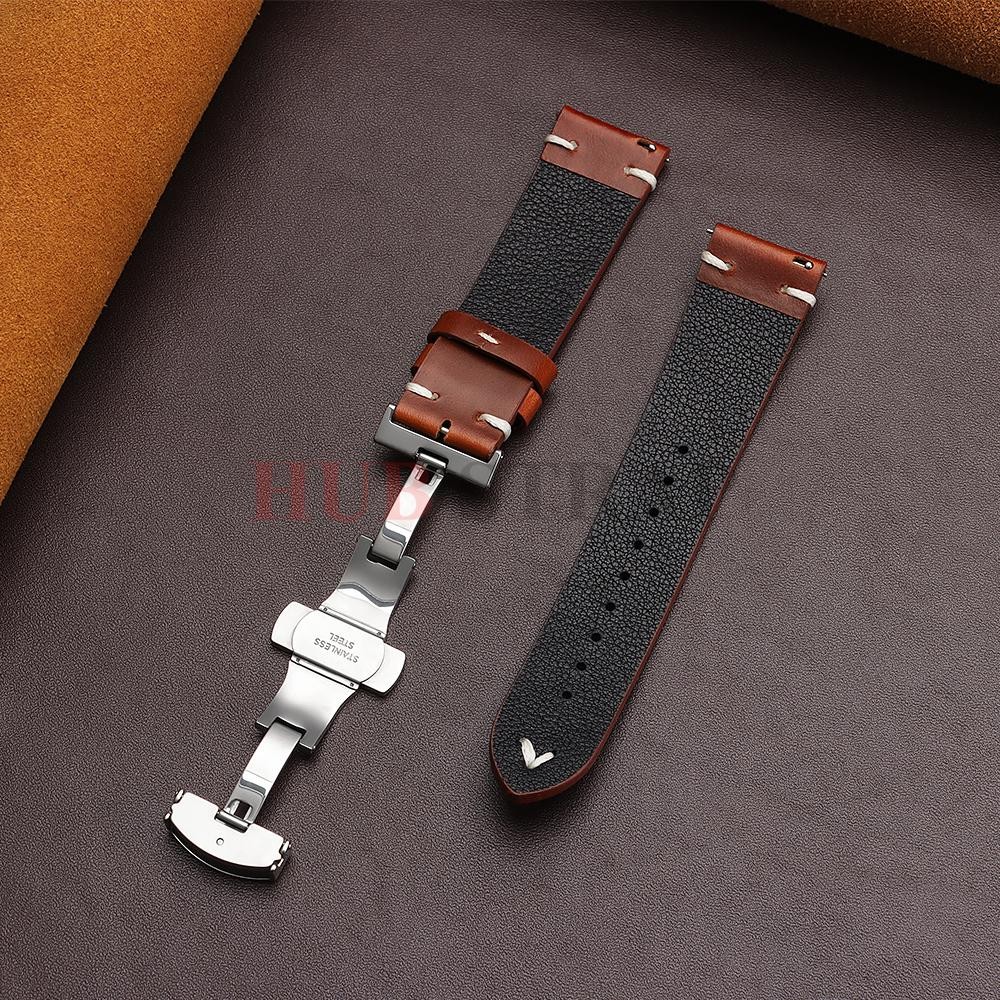 Genuine Leather Butterfly Buckle Watch Bands 18/20/22mm Waterproof Retro Oil Wax