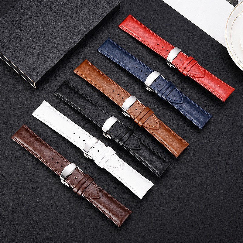 14mm-24mm Genuine Leather Watch Strap Butterfly Buckle Unisex Two Layer