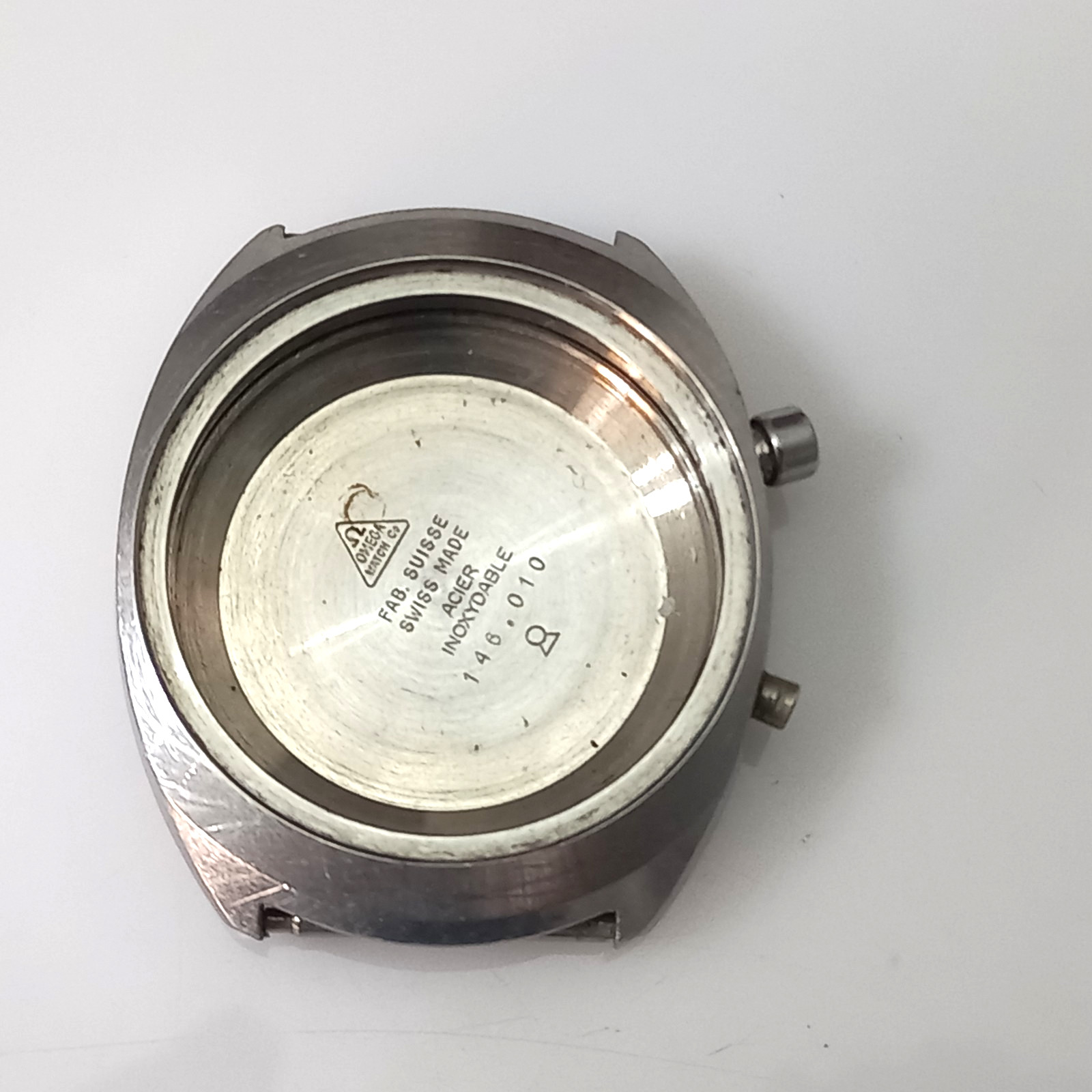 FOR PARTS OMEGA GENEVE CHRONOSTOP 146.010 UNPOLISHED S. STEEL CASE ( CASE ONLY )