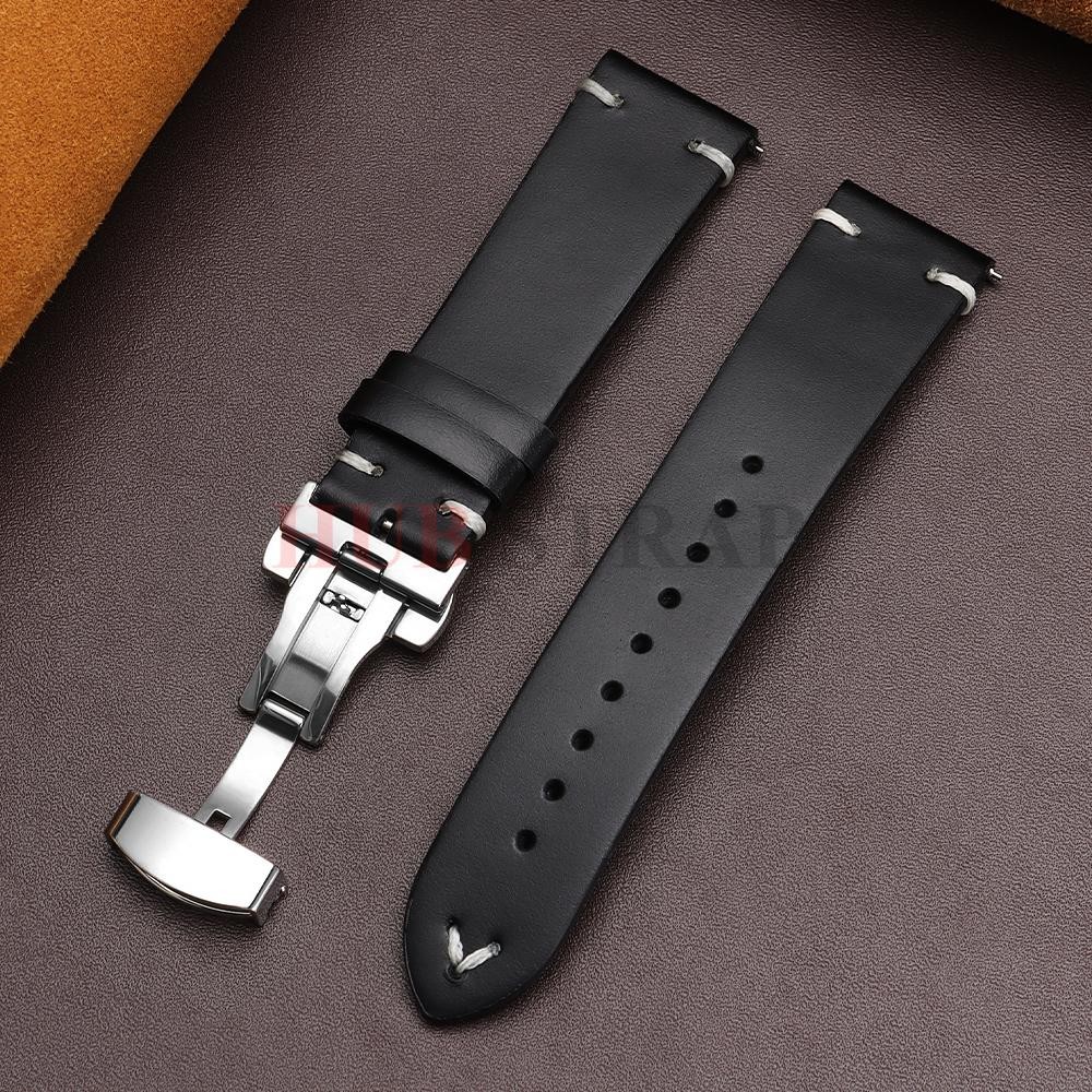 Genuine Leather Butterfly Buckle Watch Bands 18/20/22mm Waterproof Retro Oil Wax