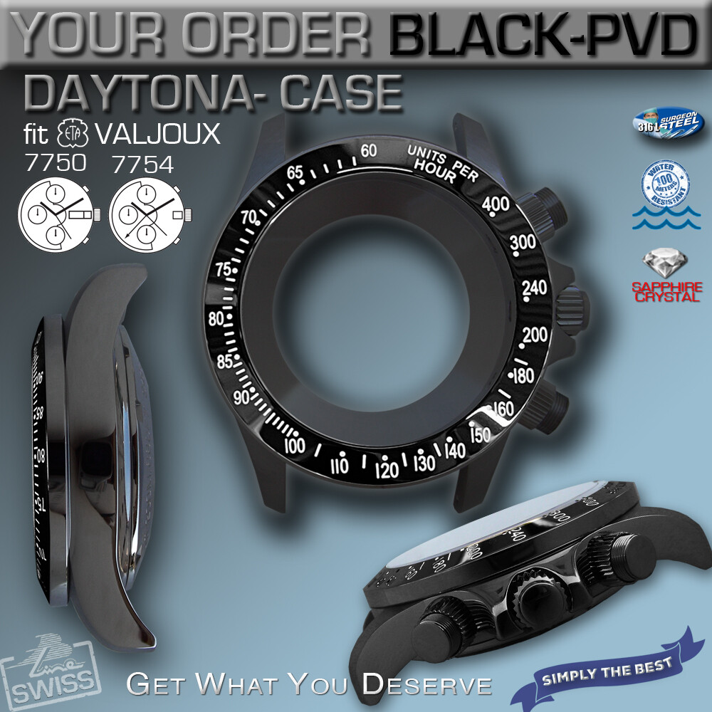 WATCH CASE DAYTONA,TACHYMETER, ETA VALJOUX 7750, 7751, 7753,7754 BLACK, 38MM