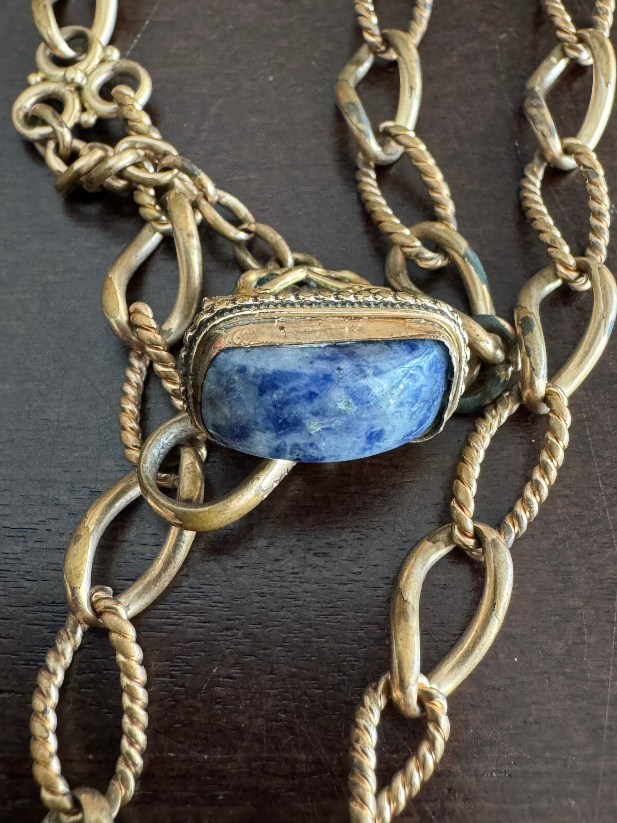 VINTAGE 14.25 INCH GOLD FILLED POCKET WATCH CHAIN WITH BLUE STONE FINIAL
