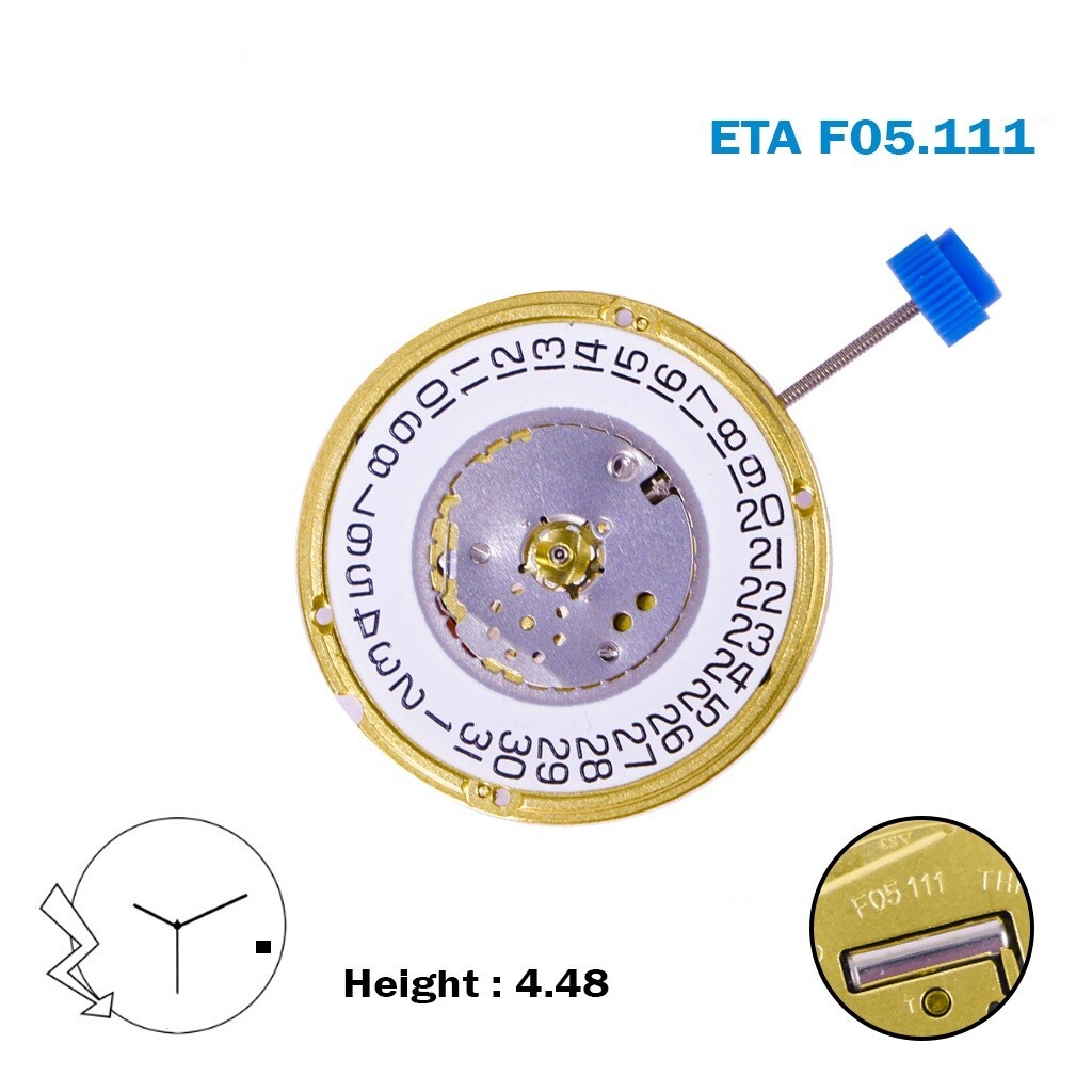 ETA F05.111 Swiss Watch Movement, White Date Disk On 3, 3 Hands, Height 4.48.