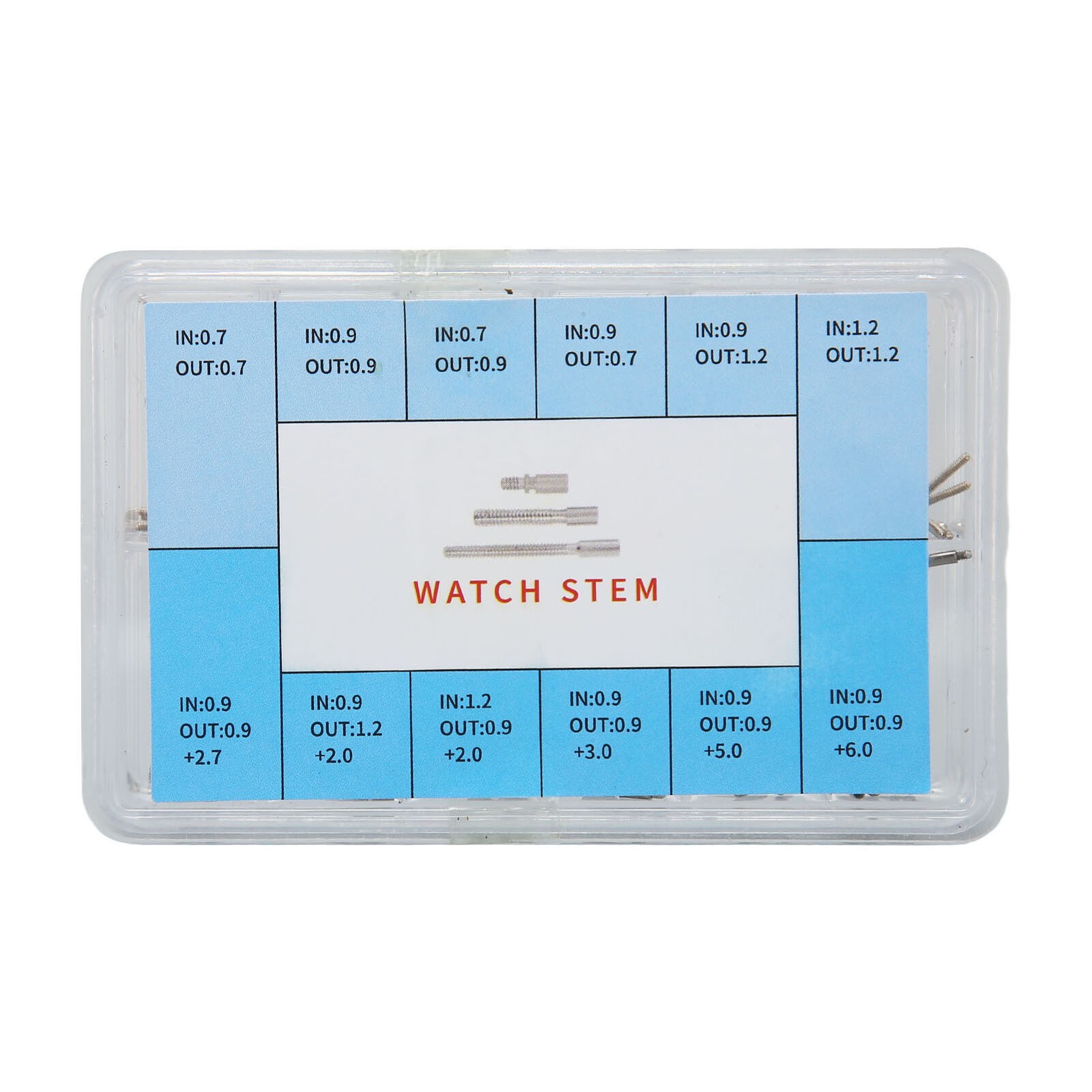 60Pcs 0.7mm-0.9mm Stainless Steel Watch Winding Stem Extender Assortment Box