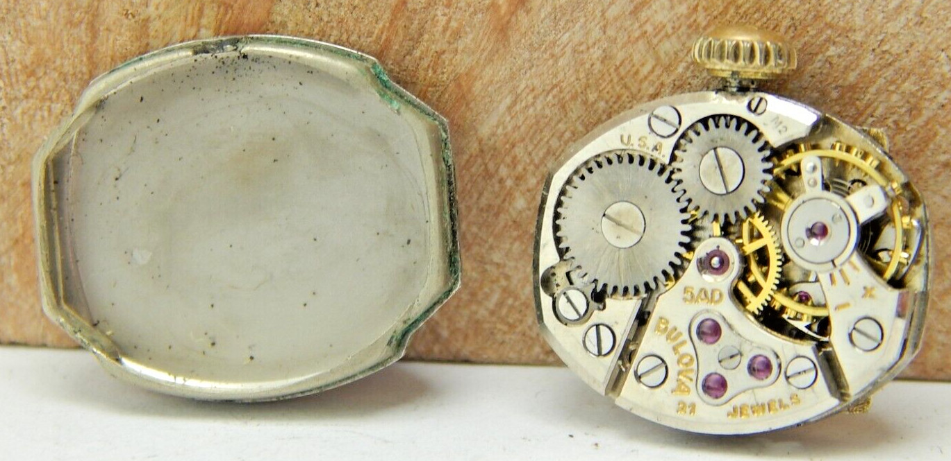 Vintage 1962 Bulova 5AD 21 jewel ladies wrist watch movement with dial & crown