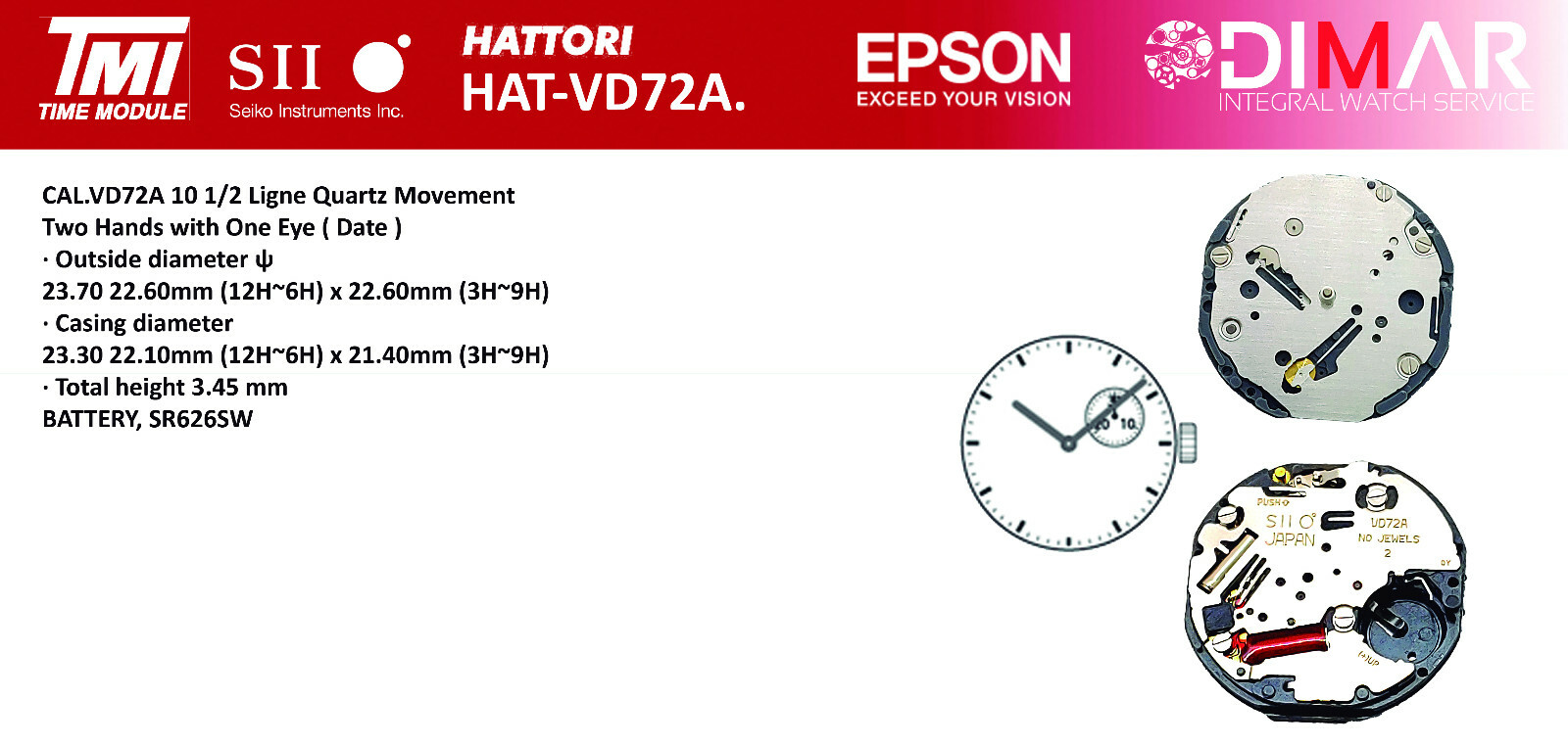 HATTORI MOVEMENT – TMI – CALIBER. VD72A