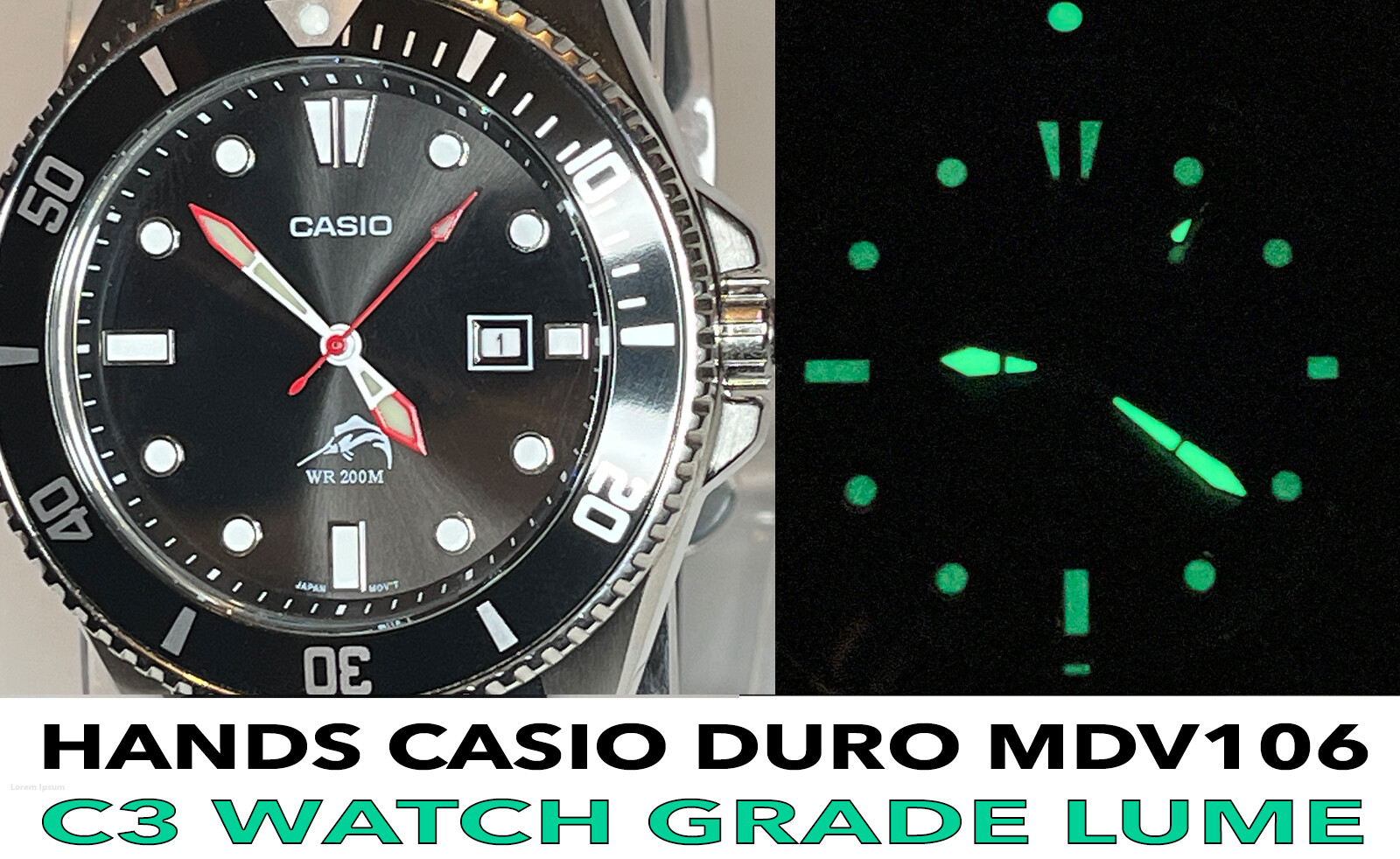 Watch Hands CASIO DURO MDV106 2035 Movement Red/White Green C3 Lume 120/70/20