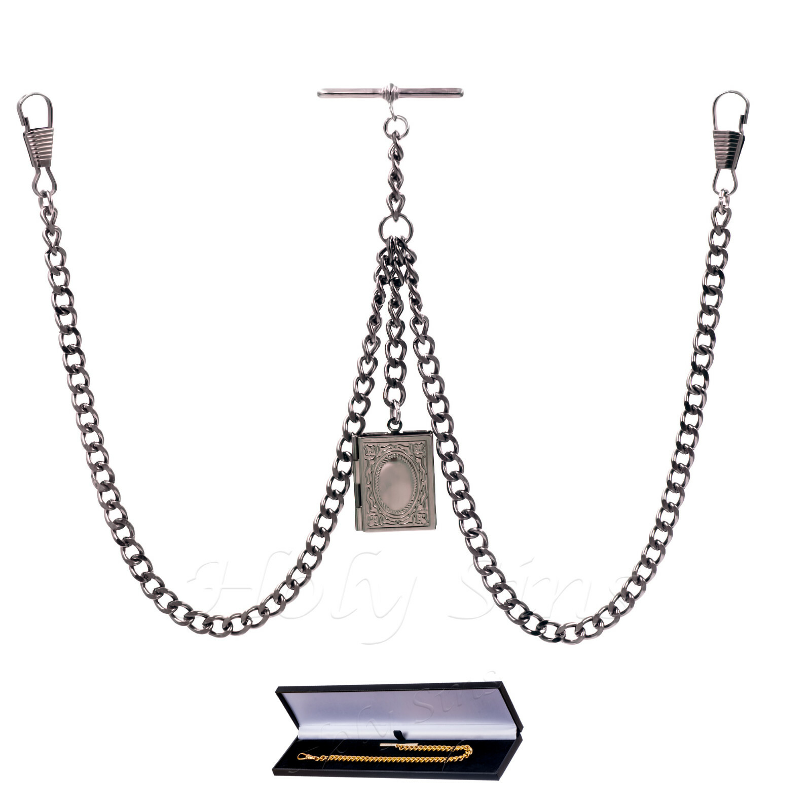 Black Gunmetal Colour Double Albert Pocket Watch Chain With Rectangular Locket