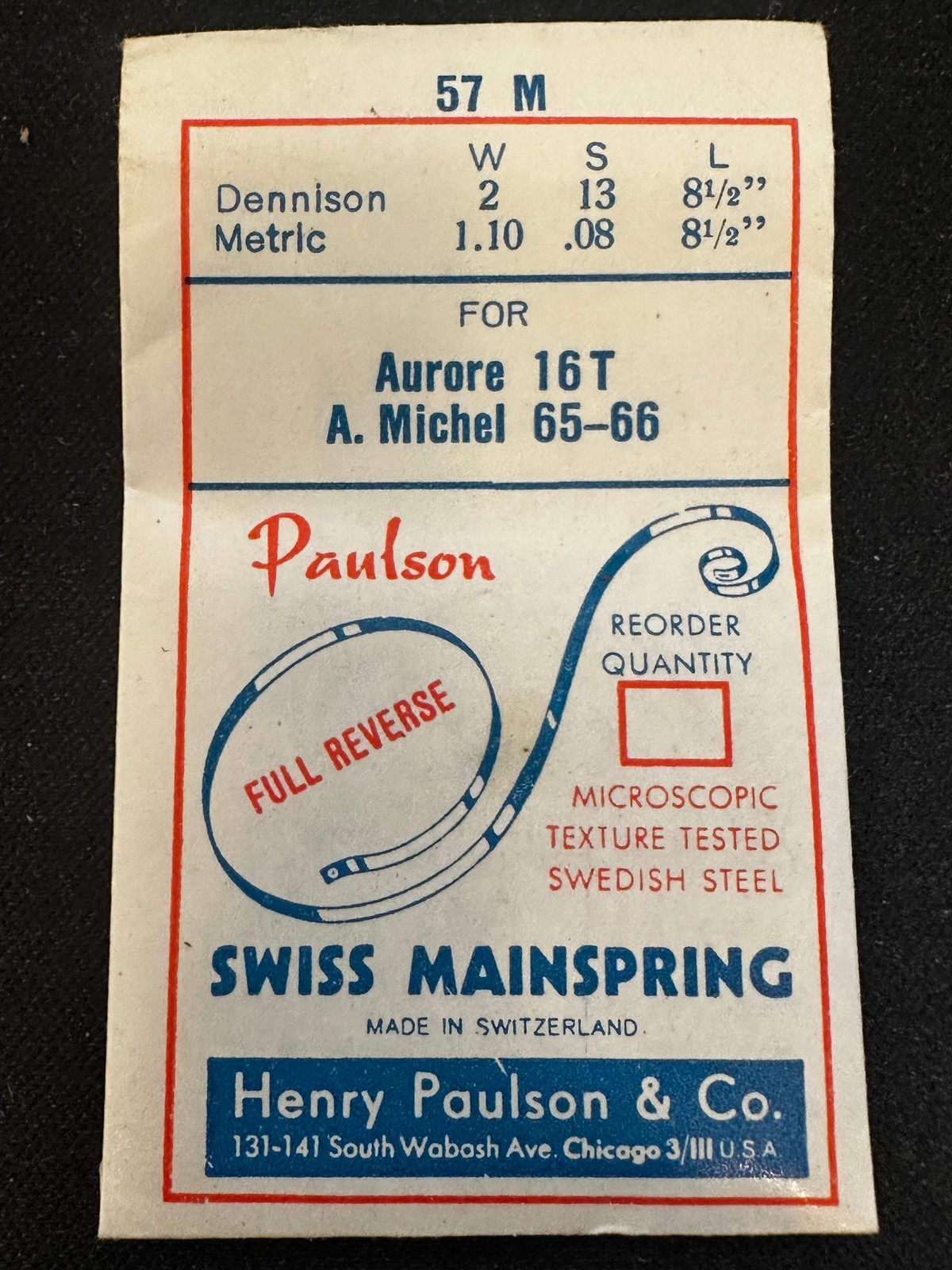 Paulson Mainspring No. 57M for Aurore caliber 16T, A. Michel caliber 65, 66 – St