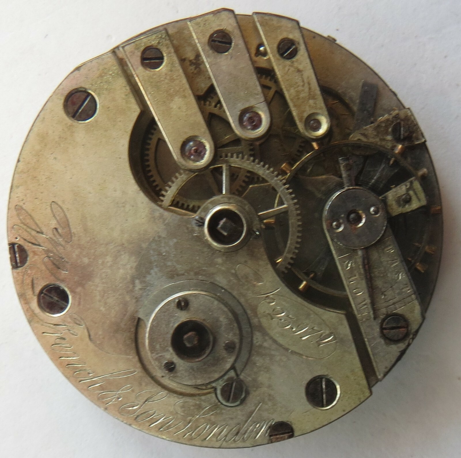 W. French & Son Pocket Watch movement & enamel dial key wind balance Ok.