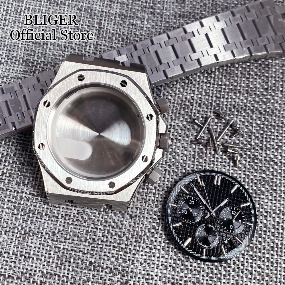 42mm Brushed Watch Case Bracelet 32.1mm Black Blue Dial Fit VK63 Quartz Sapphire