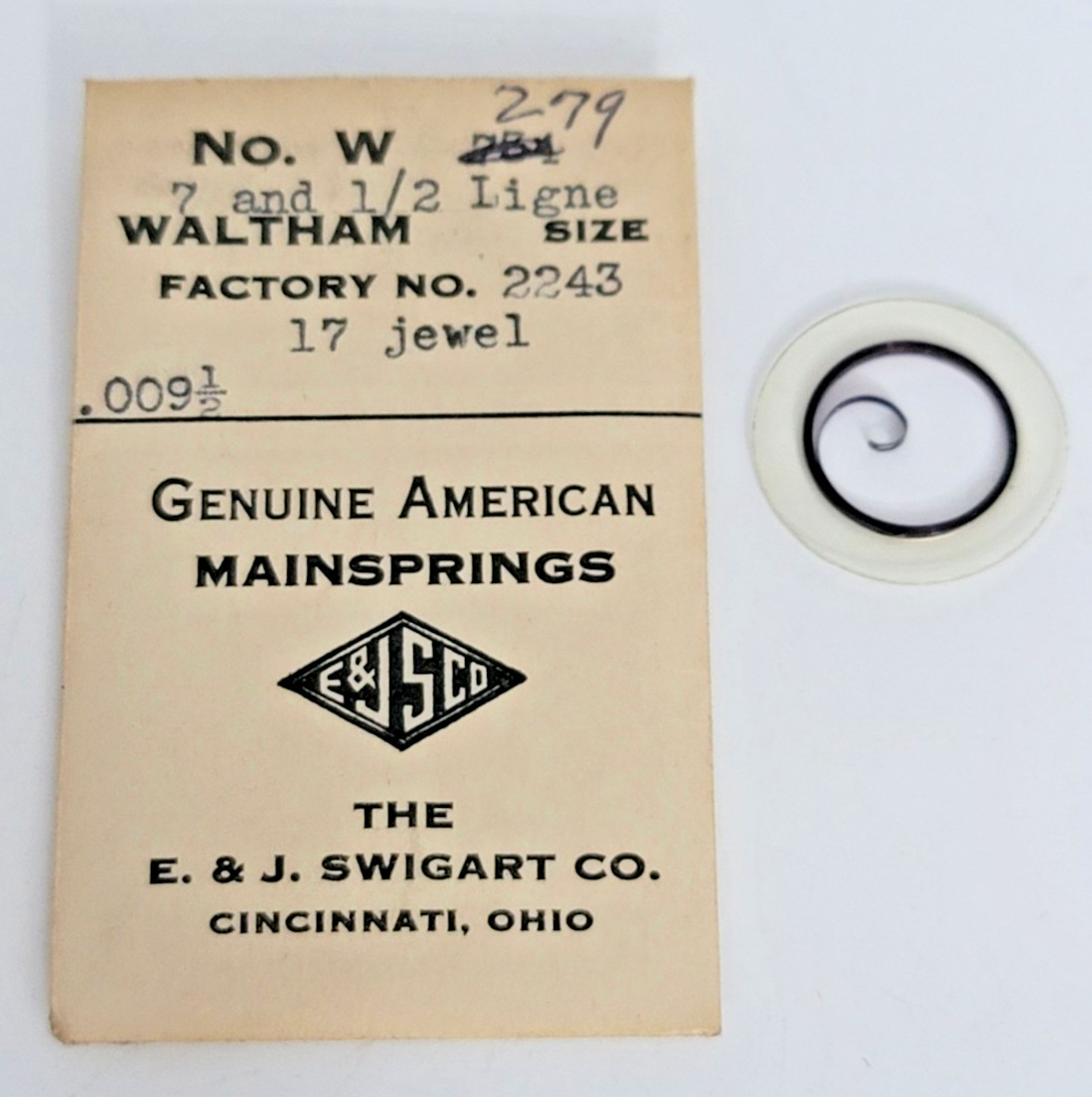 Genuine Waltham Mainspring 7-1/2 Ligne Size 17 Jewel No. 2243 WB8a