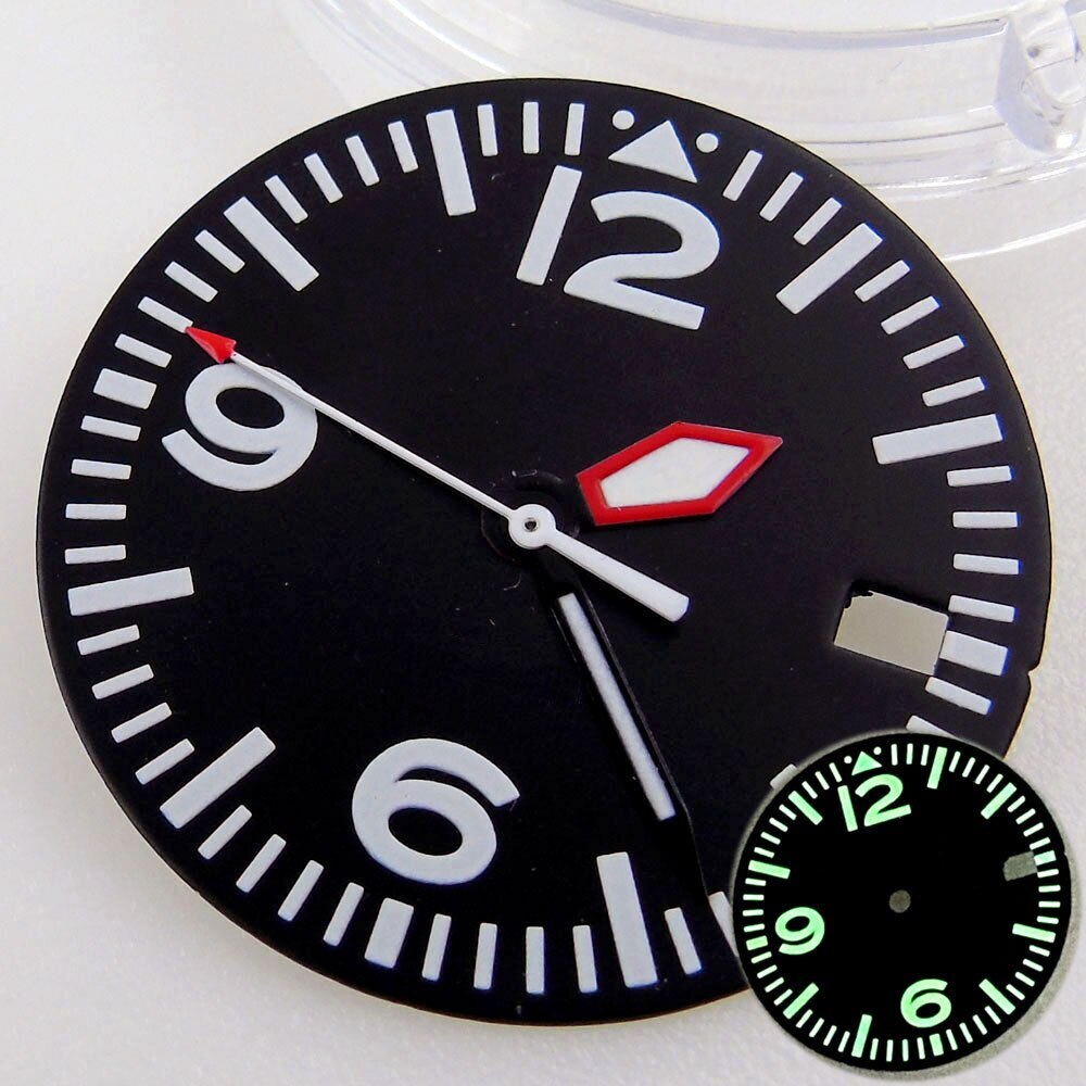 BLIGER fit NH35A Green Luminous 29mm BLACK Watch Dial Date Calendar Window Hand