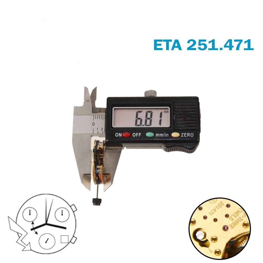 ETA 251.471 Swiss Chronograph Movement-H:6:81mm-Blue Date at 4-3 Counter.