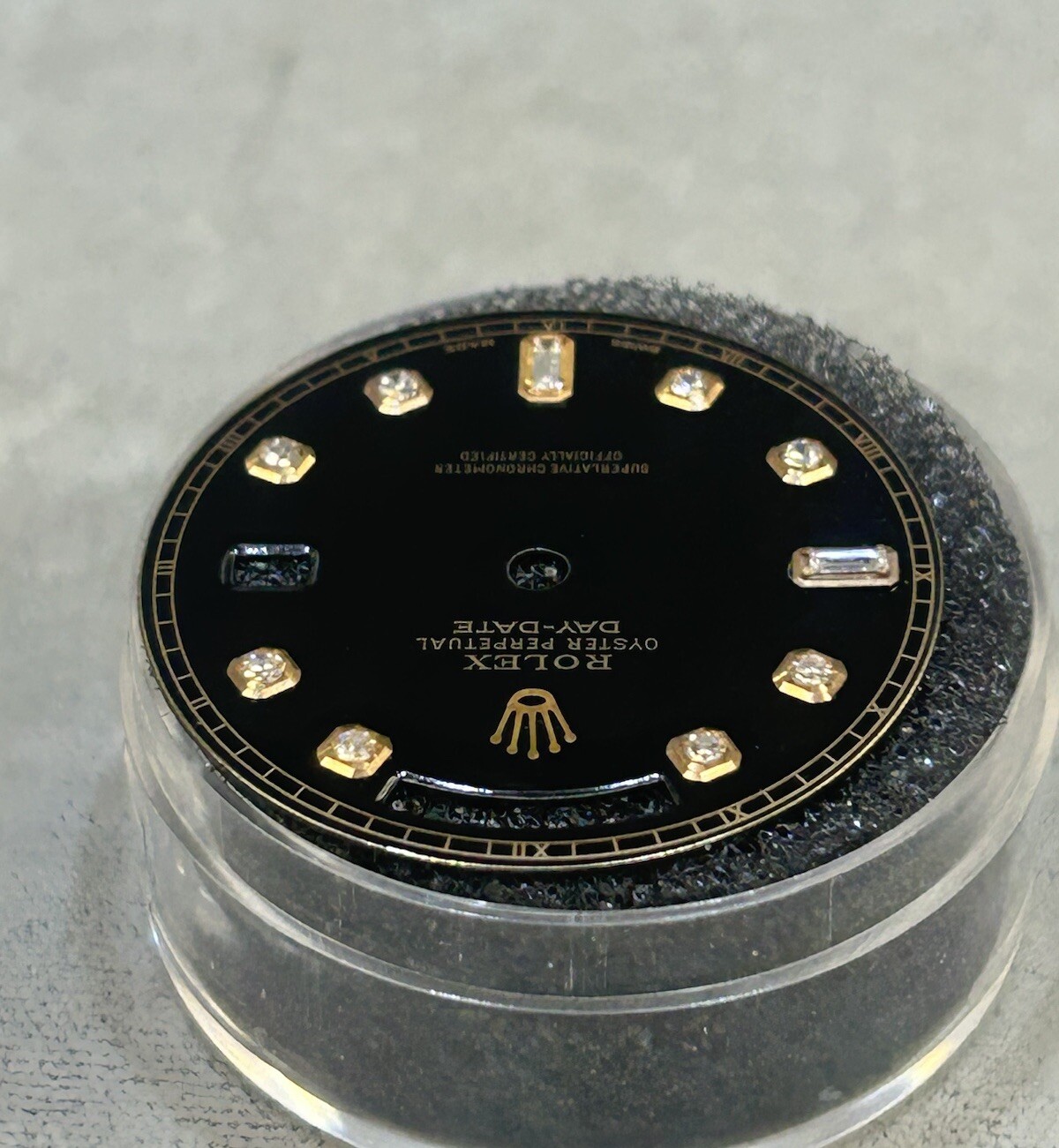 Rolex 41mm Day Date II Watch Custom Black Baguette Diamond Dial For Model 218238