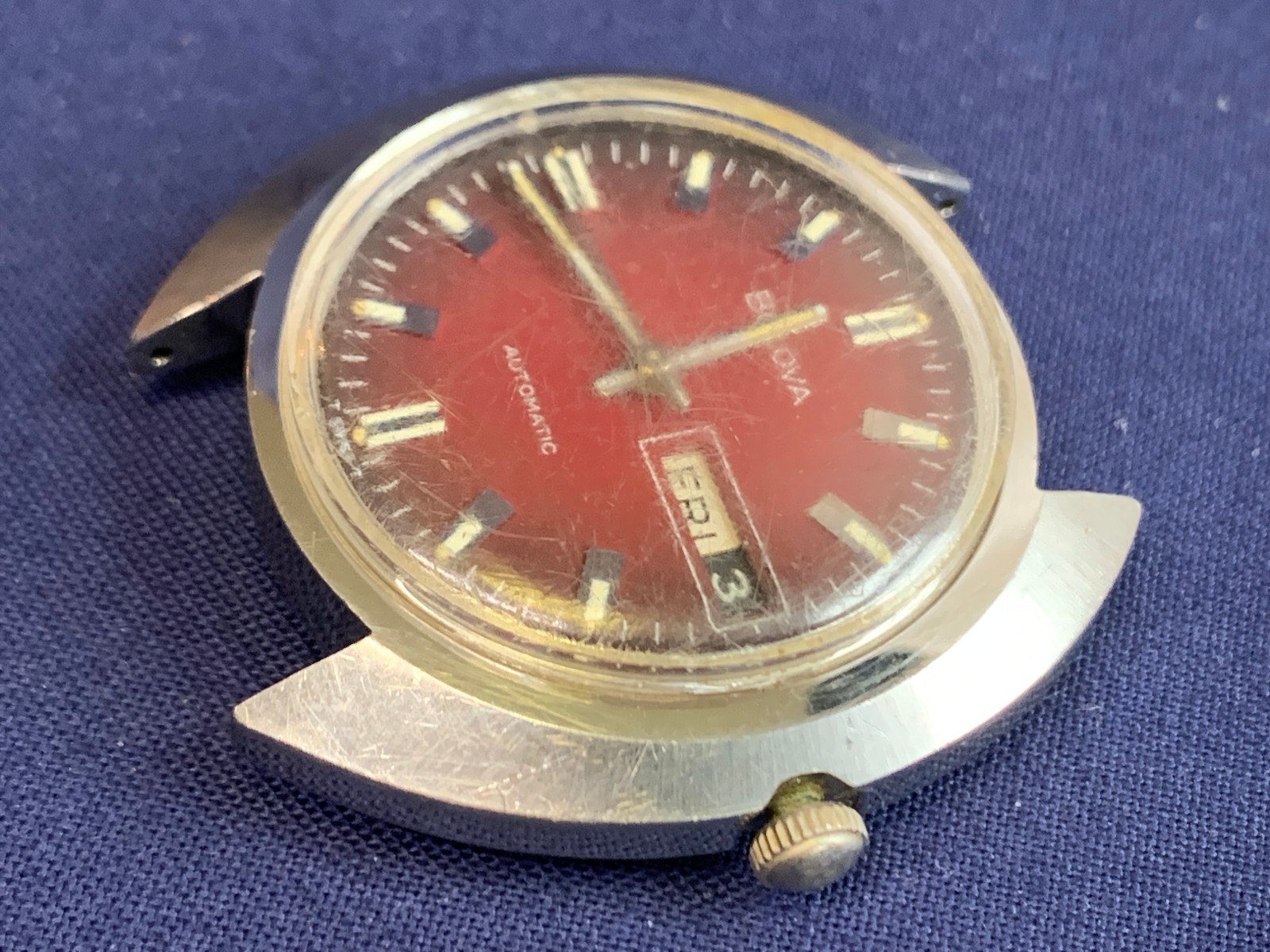 Vtg Bulova Mens Automatic Watch Face Red Dial Day Date Calendar *RUNNING*