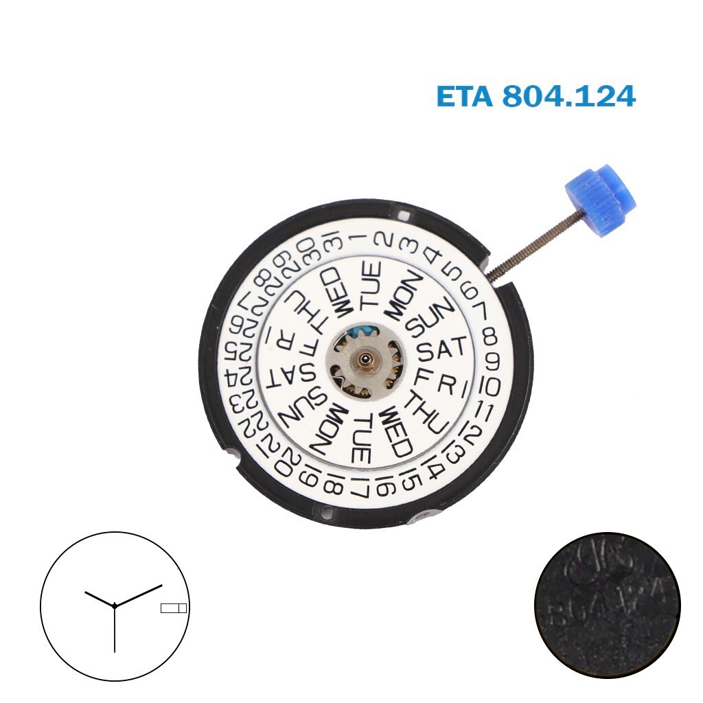 ETA 804.124 Swiss Movement, White Date-Day Disks at 3, 3 Hands, Quartz Movement.