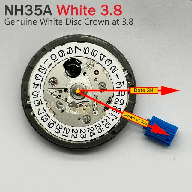 Japan Genuine NH35 Movement Crown at 3.0/3.8 O’clock White/Black Datewheel 24 D