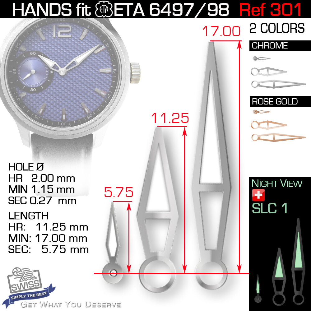 HANDS SET FOR MOVEMENT ETA UNITAS 6497, 6498, CHROME, ROSE GOLD, SLC1, Ref 301
