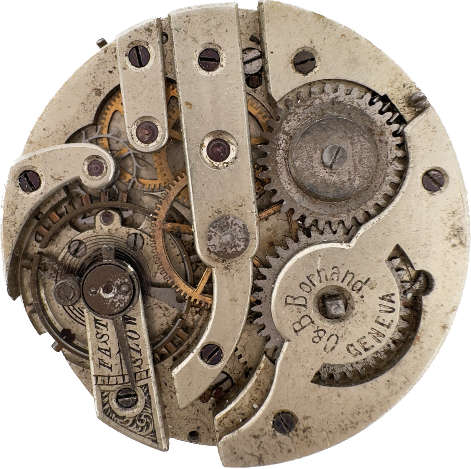 Antique 36mm C&B Bornand 15 Jewel Mechanical Pocket Watch Movement for Parts