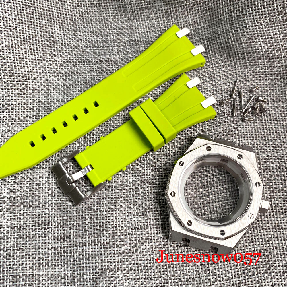 42MM Brushed Sliver Watch Case Rubber Strap Fit NH35 NH36 SKX SRP Sapphire Glass