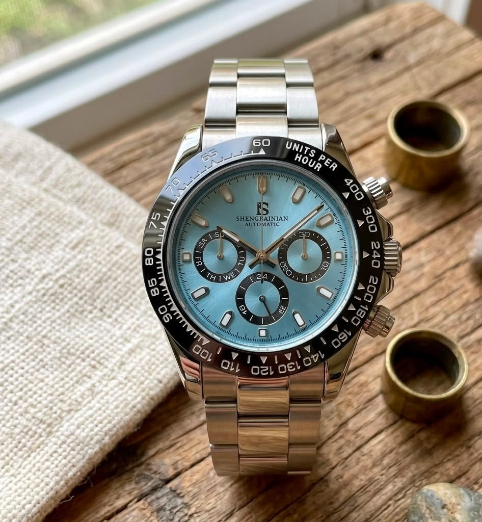 Mens Automatic Mechanical Watch Ice Blue Dial Stainless Steel Tachymeter 40mm