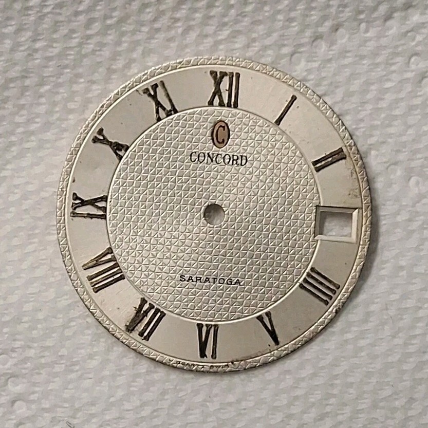 Concord Silver Watch Dial Face, Roman Numerals, Date Window, Fits Saratoga