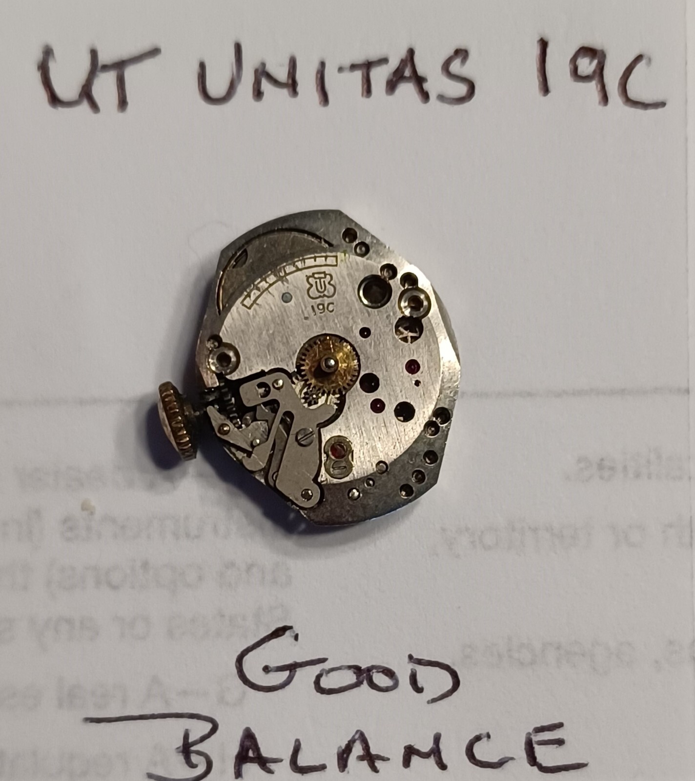UT Unitas 19C , 17 Jewel Watch Movement , Good Balance ,Starts/Stops