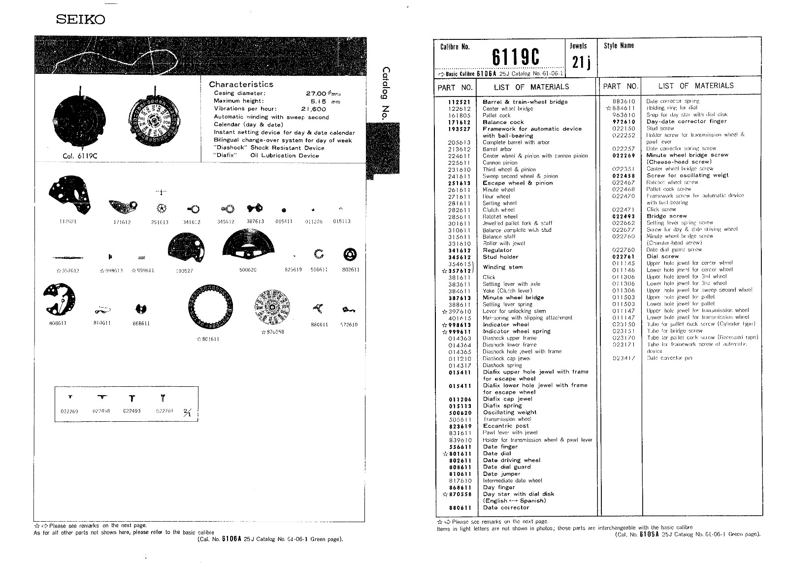 Seiko Calibre 6119 C Spare Parts List – Quality Used Parts.