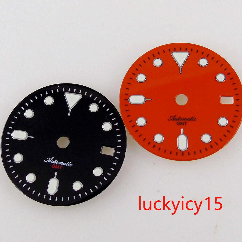 29MM GMT Dial Fit NH34 NH34A Green Luminous Black Orange Watch Dial Date Window