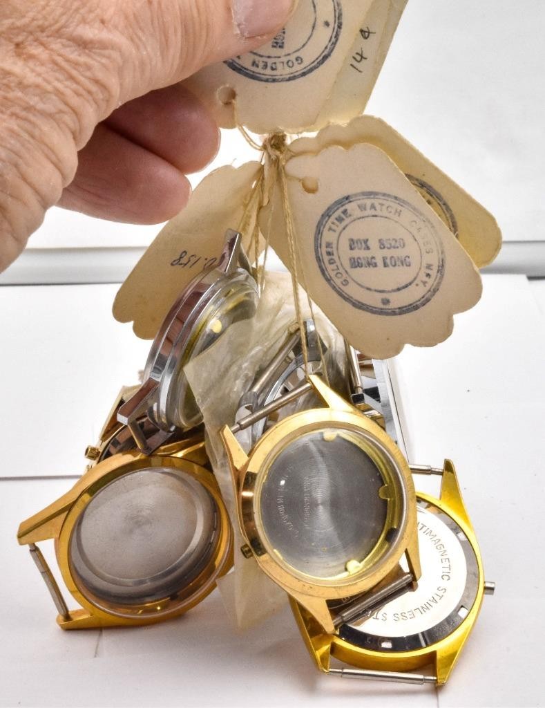 9 different NEW Screw back ‘Golden Time” Watch cases ALL MEN’S SIZES W/ CRYSTALS
