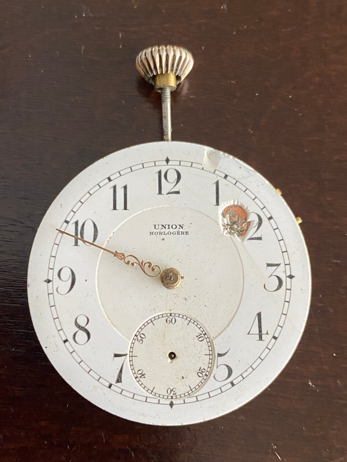 VINTAGE 39.8MM UNION HORLOGERE POCKET WATCH MOVEMENT, NOT RUNNING ,GOOD BALANCE
