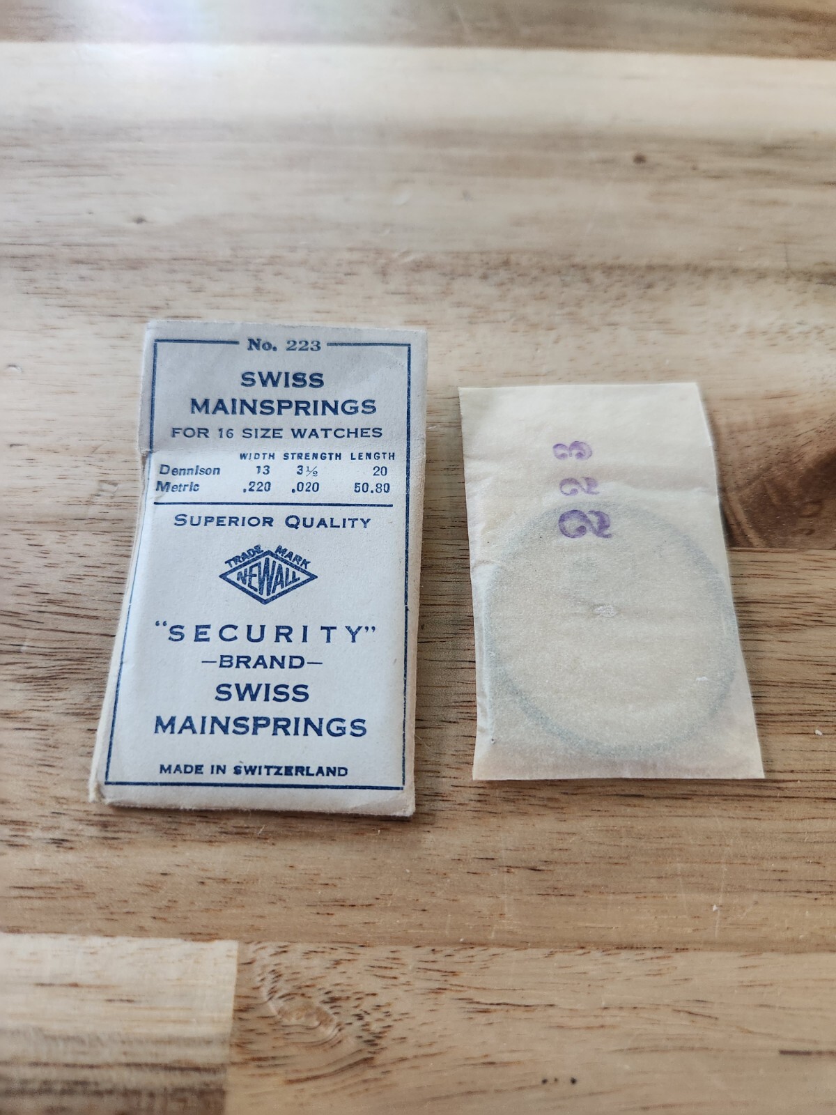 Newall Security Swiss Mainspring No. #223 for 16 Size Watches, .220 .020 50.80