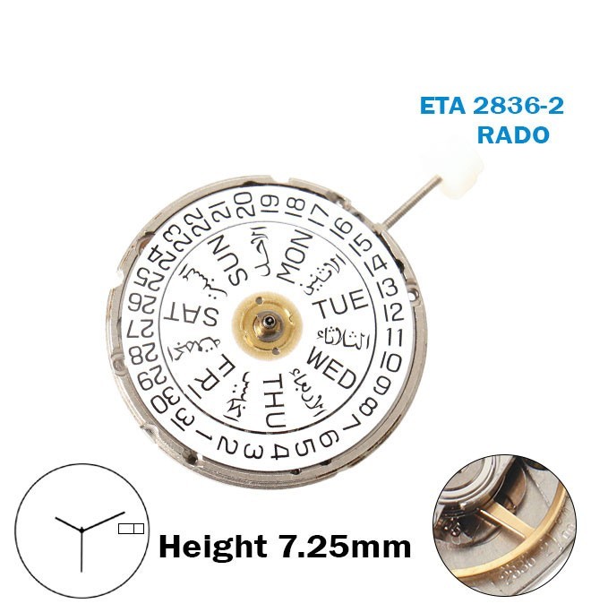 ETA 2836-2-RADO-Swiss Movement-White AR/EN Day/Date Disk At 3-3Hands-H:7.25mm.