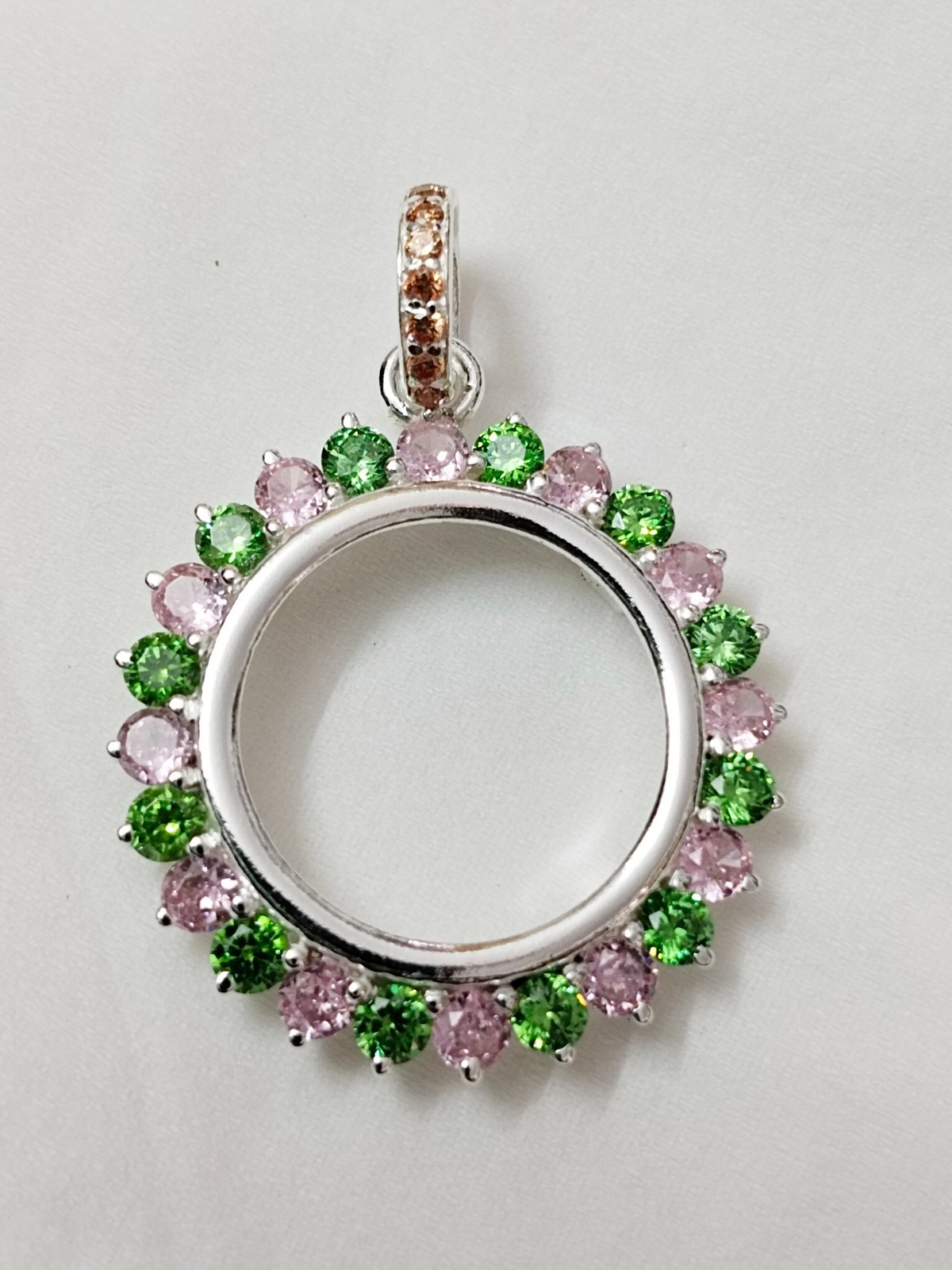 925 Sterling Silver Round Bezel Pendant Blank Green & Pink CZ Handmade Coin