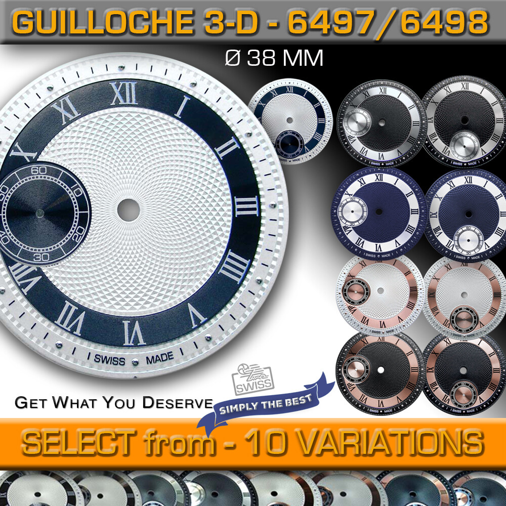 DIAL GUILLOCHE Ø 38 MM, FOR MOVEMENT ETA UNITAS 6497 + 6498, 10 VARIATIONS