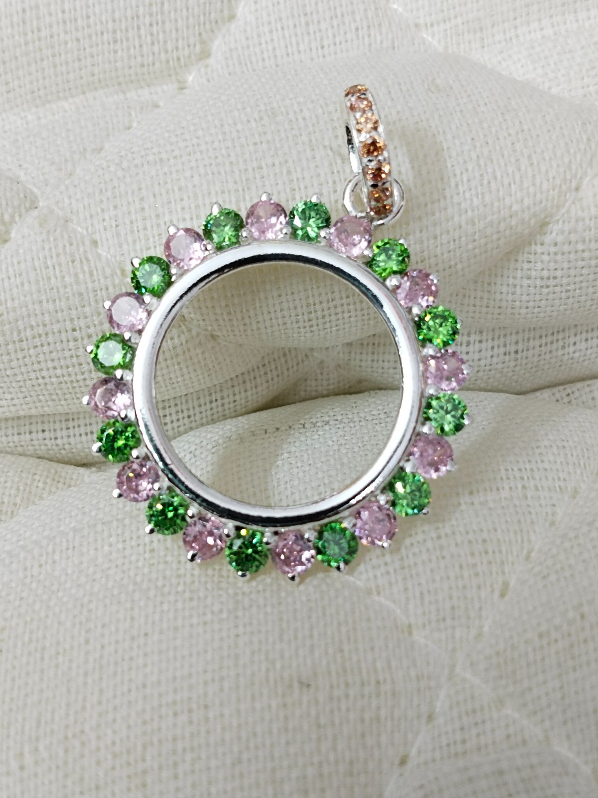 925 Sterling Silver Round Bezel Pendant Blank Green & Pink CZ Handmade Coin