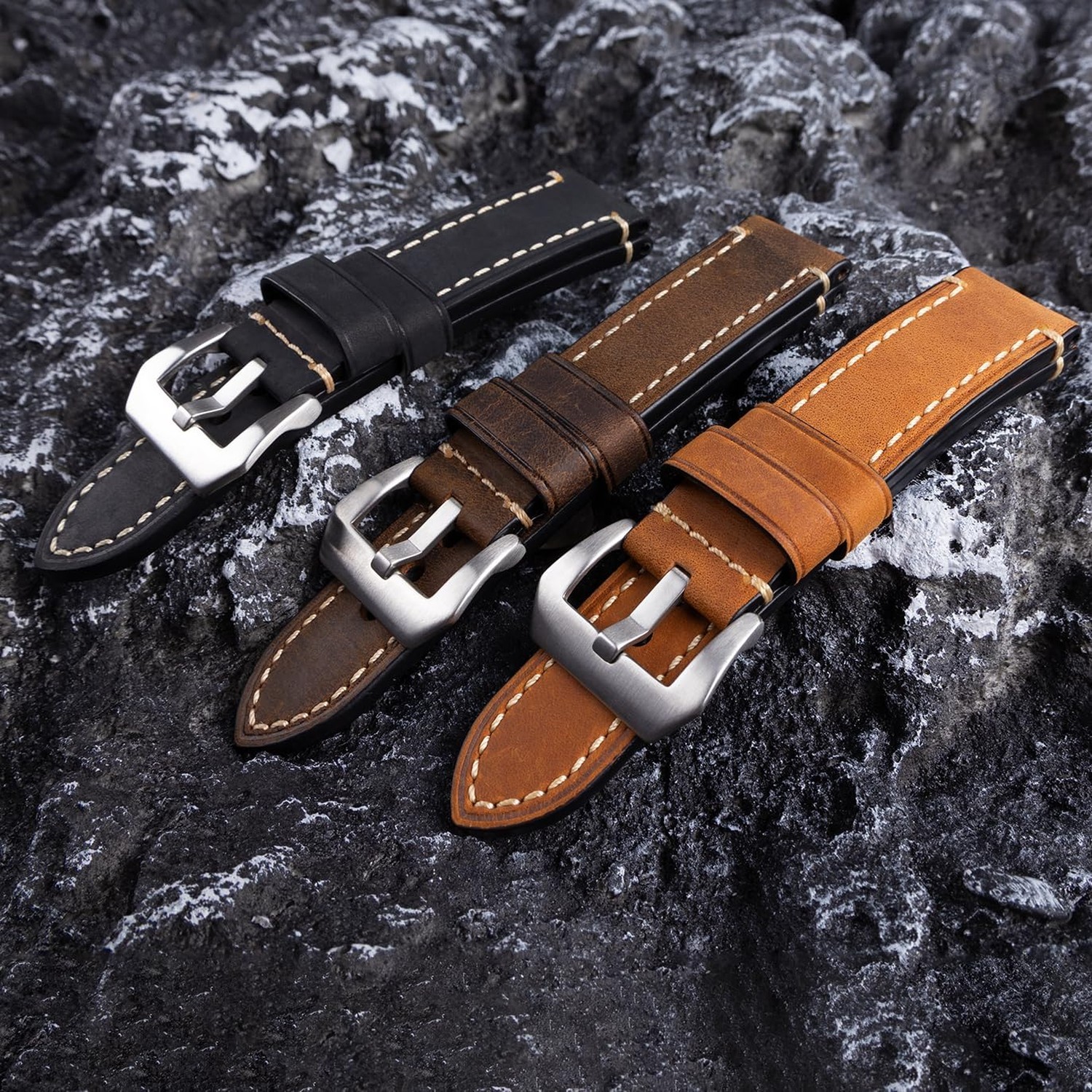 Black 24mm Genuine Leather Wristwatch Watch Band Oil Tan Vintage Watchband fo…